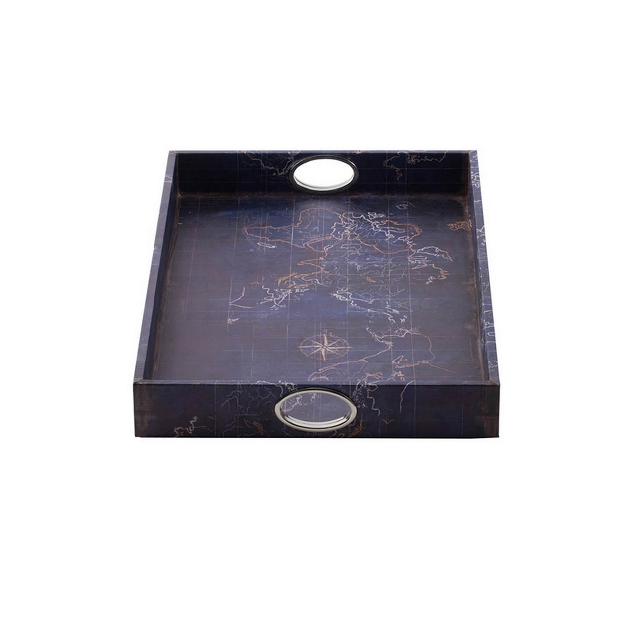 25 Inch Set Of 2 Rectangular Decorative Trays, Gold Map Design, Deep Blue- Saltoro Sherpi