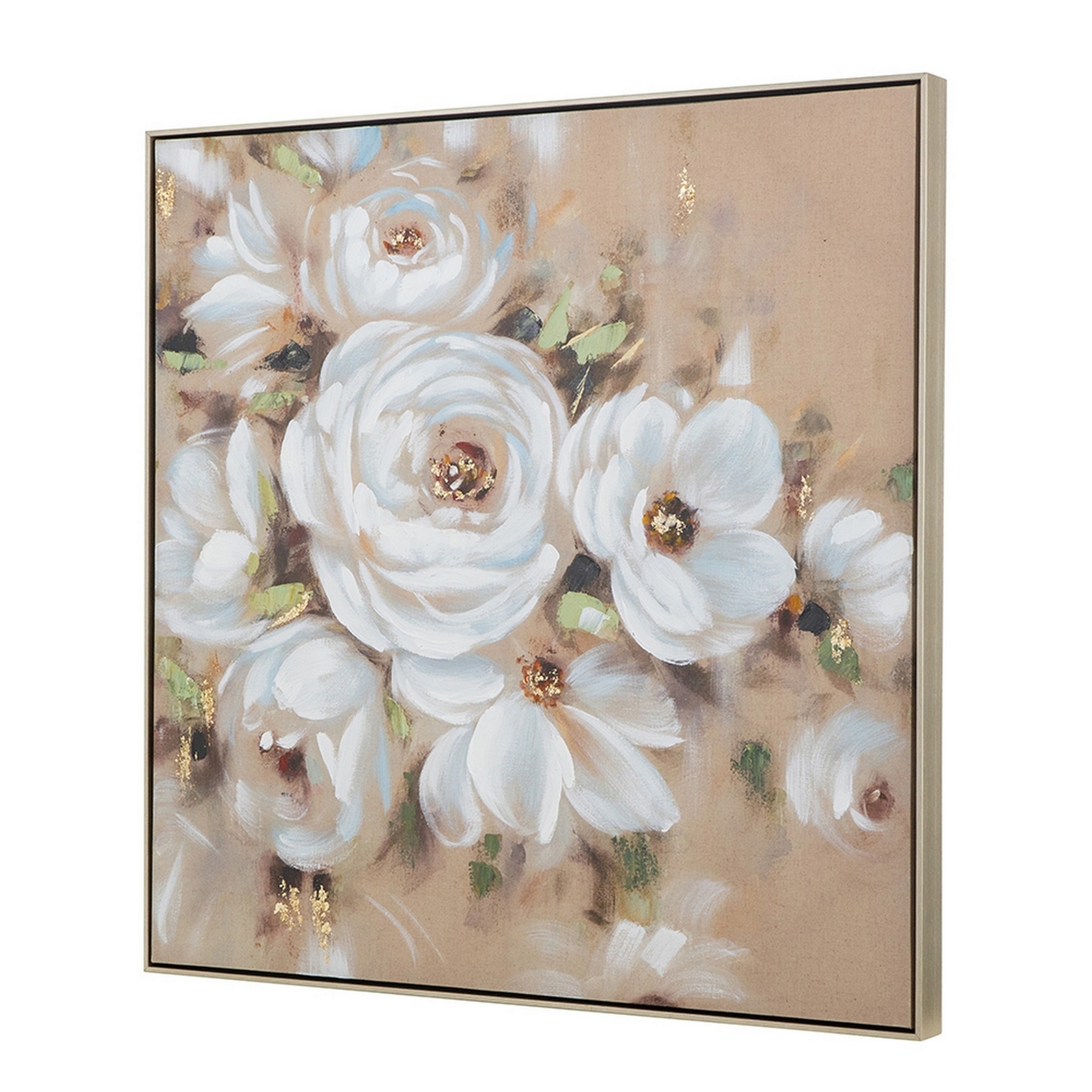 36 Inch Hand Painted Wall Art, White Blossom Roses, Framed Canvas - Saltoro Sherpi