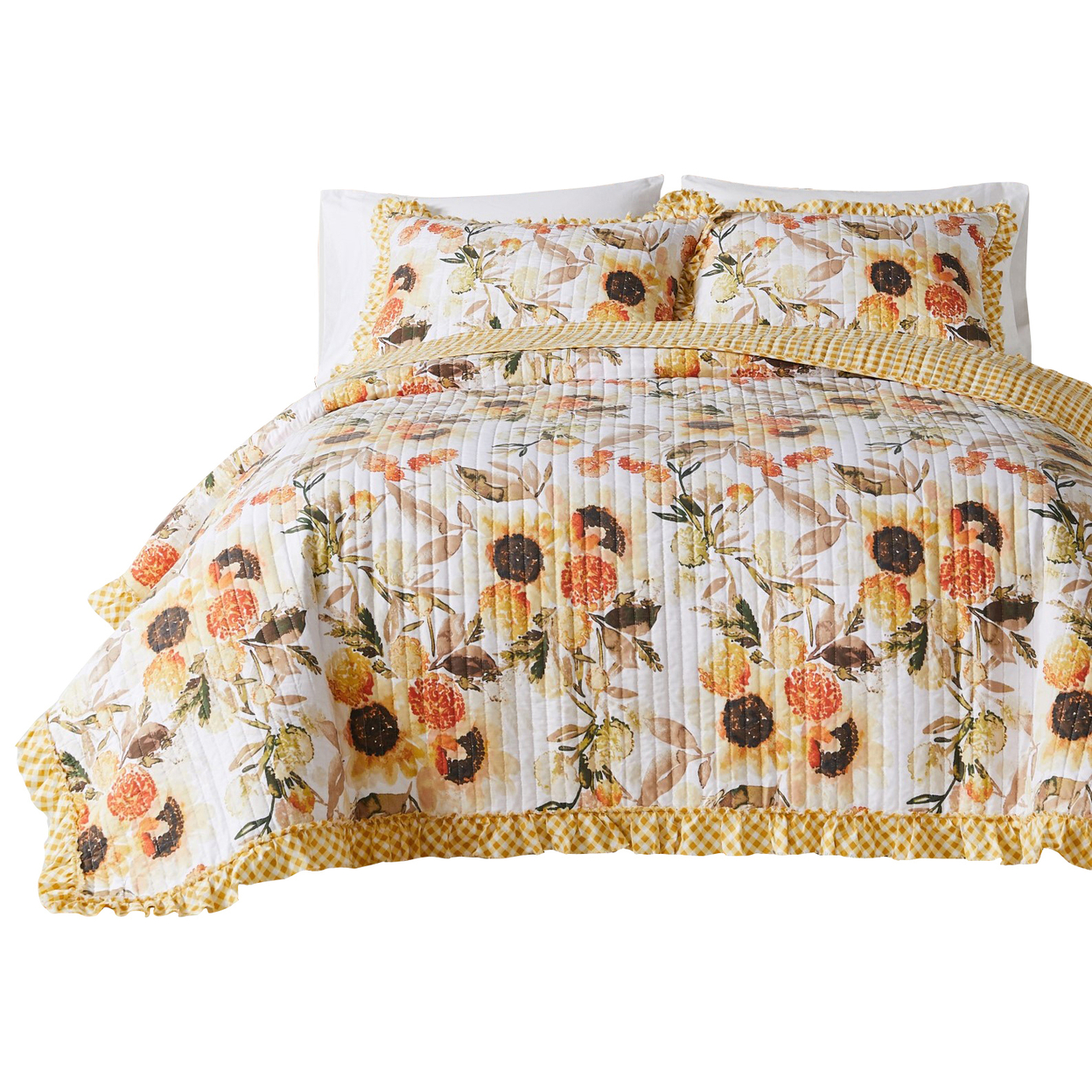 Kelsa 2 Piece Twin Quilt Set With Pillow Sham, Cotton, Ruffled Border, Gold- Saltoro Sherpi
