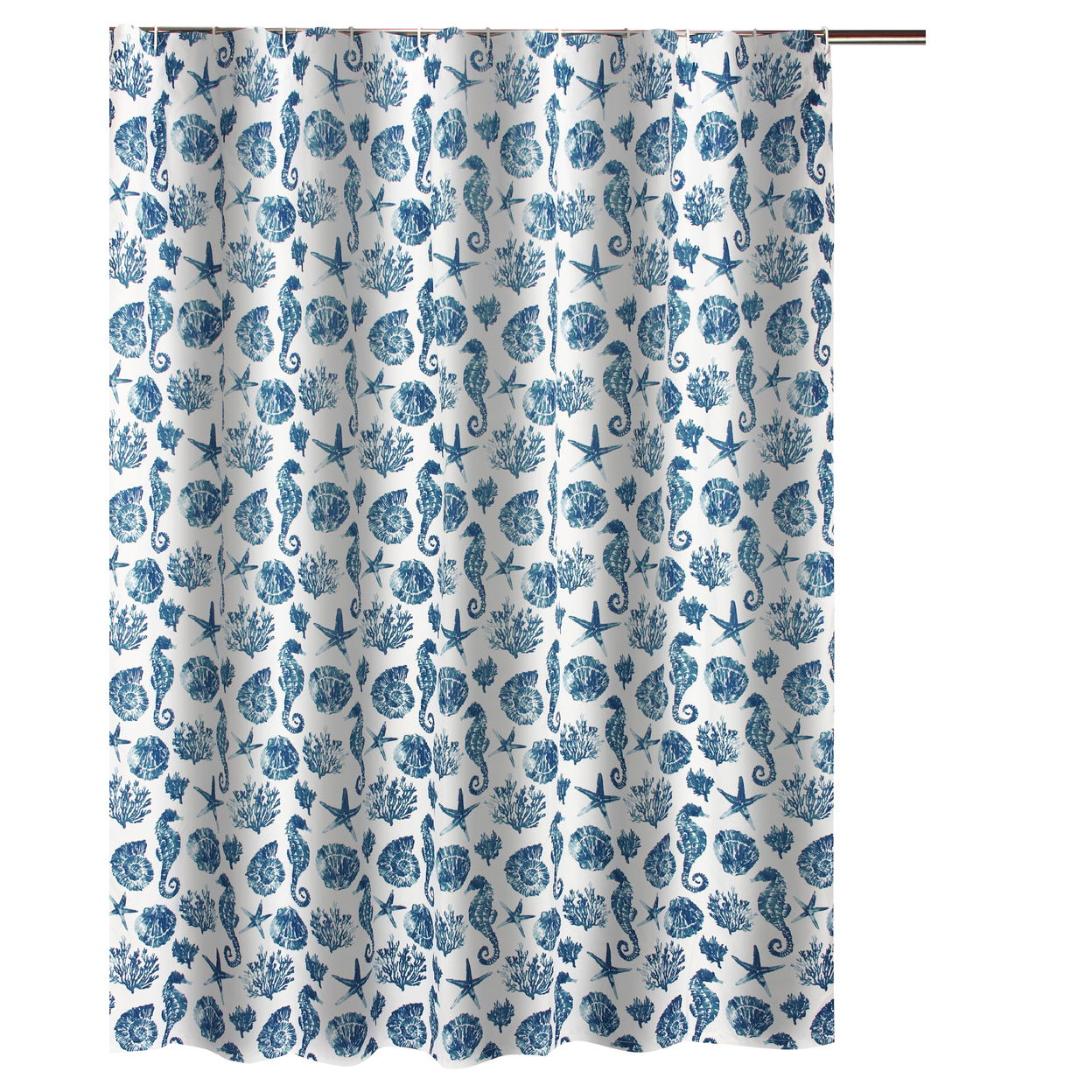 Riga 72 Inch Shower Curtain, Blue Seashells Print, Button Holes, Microfiber