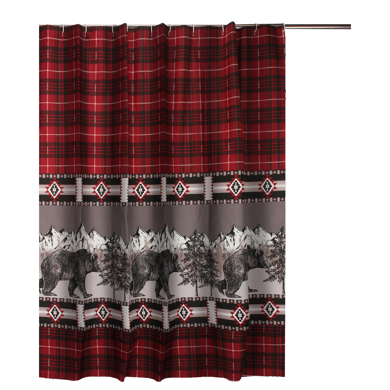 Sofia 72 Inch Bear Shower Curtain, Red And Black Plaid, Poly Microfiber