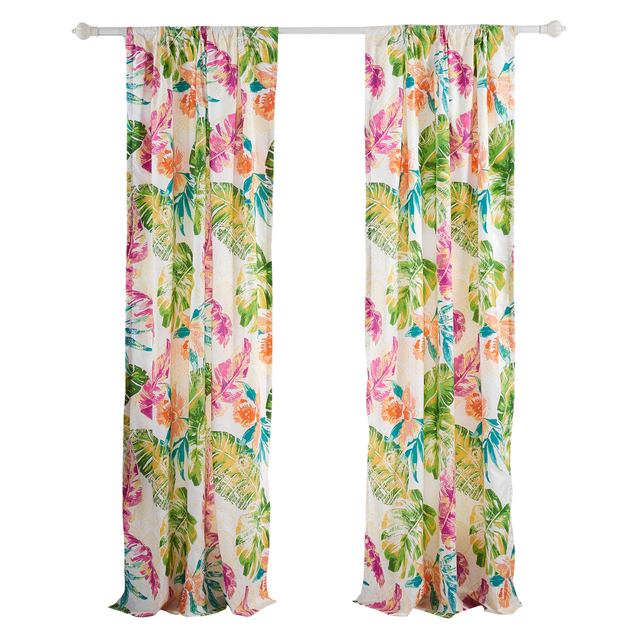 Porto 84 Inch Panel Window Curtains, Tropical Palm Leaves, Green And Blue