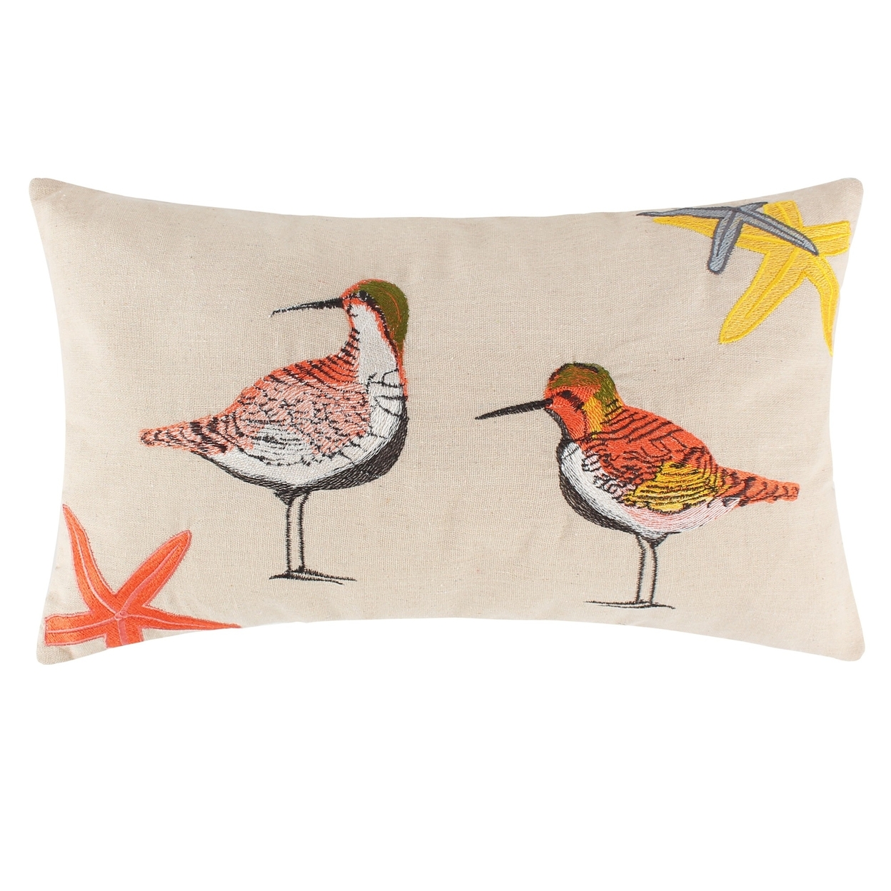 Vira 20 Inch Throw Pillow, Hand Embroidered Shorebirds, Canvas And Linen- Saltoro Sherpi