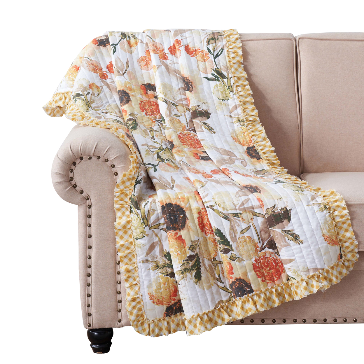 Kelsa 50 X 60 Channel Quilted Throw Blanket, Cotton Fill, Gold Sunflowers- Saltoro Sherpi