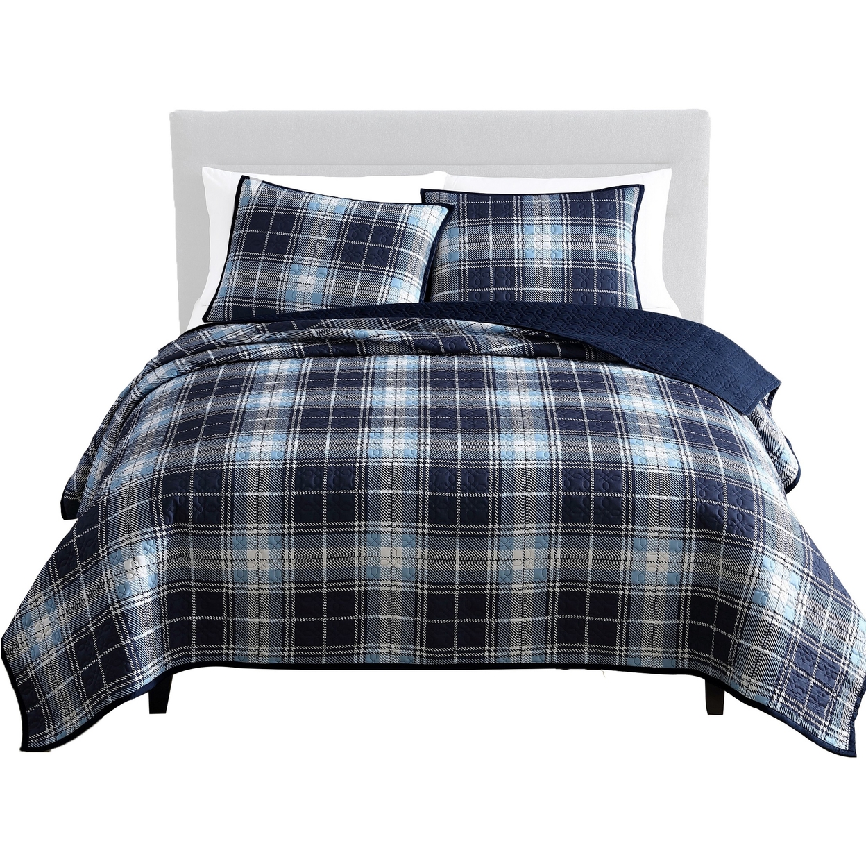Ivy 3 Piece Full Queen Plaid Coverlet With Matching Shams, Blue, White - Saltoro Sherpi