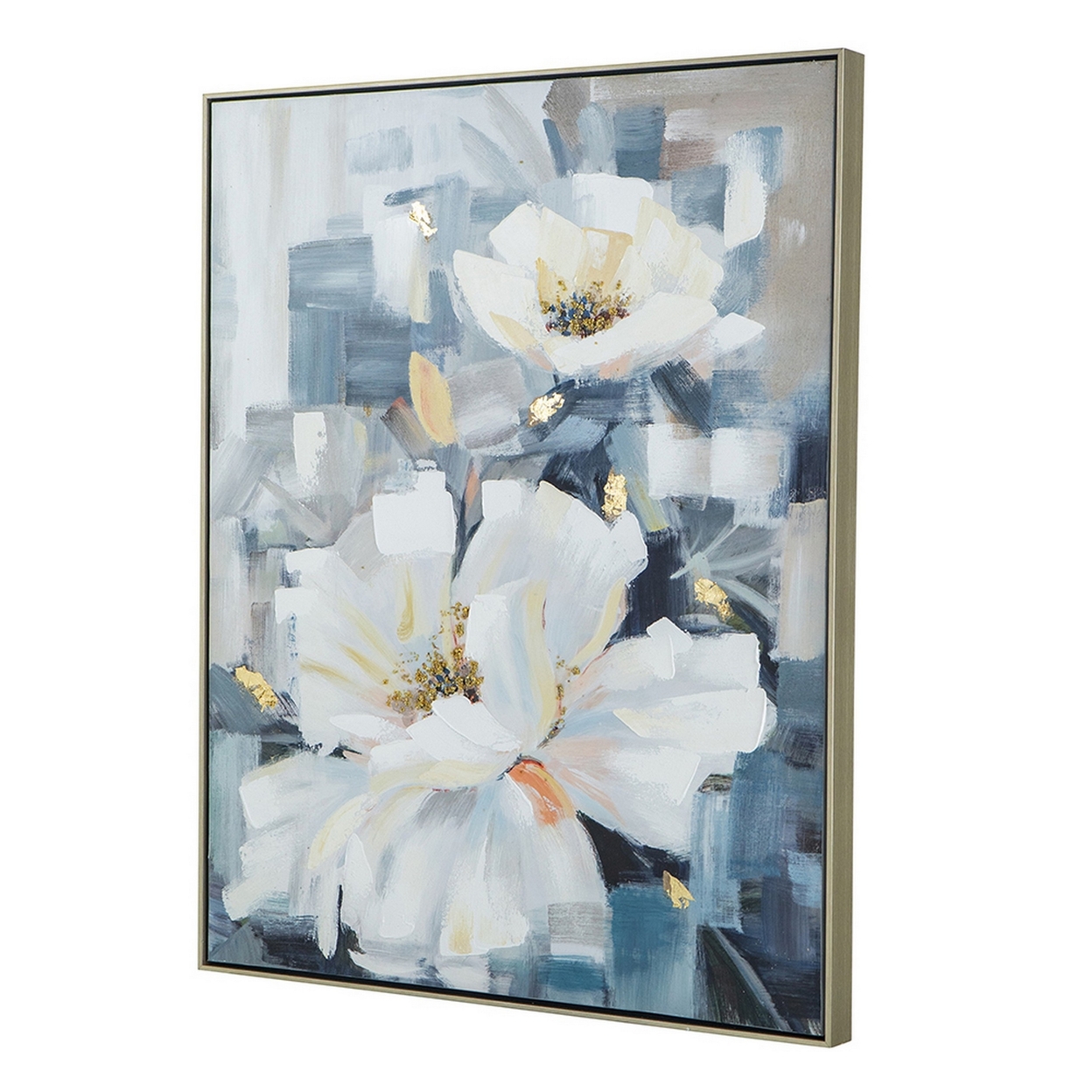 33 X 40 Inch Decorative Wall Art, Floral Oil Painting On Canvas, White Blue- Saltoro Sherpi