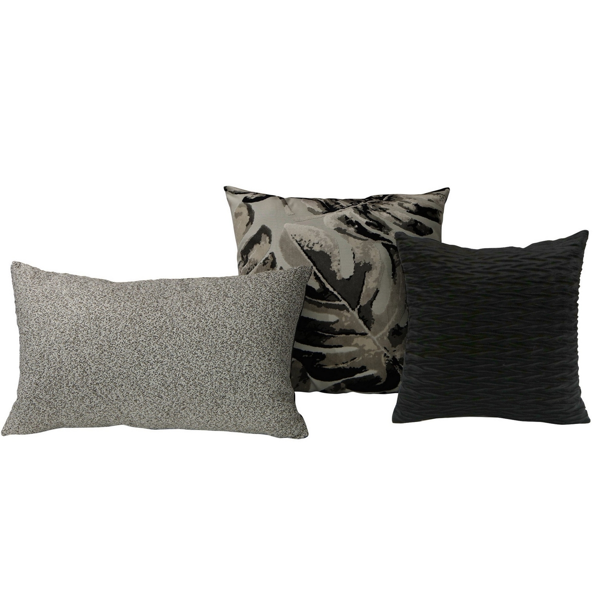 3 Neutral Accent Throw Pillows With Monstera Leaf, Velvet Charcoal Gray - Saltoro Sherpi
