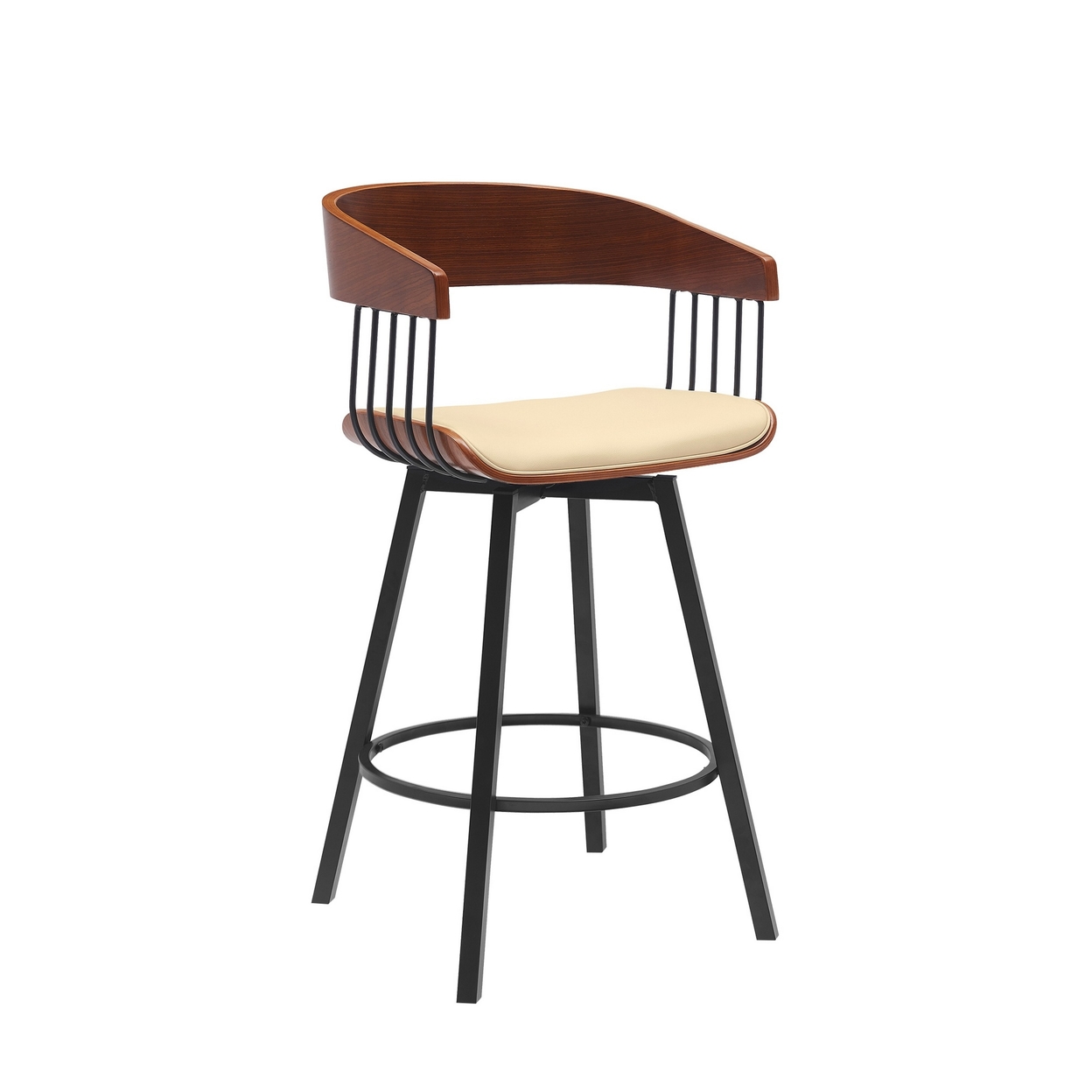 Vera 27 Inch Swivel Counter Stool Chair, Brown Open Back Cream Faux Leather - Saltoro Sherpi