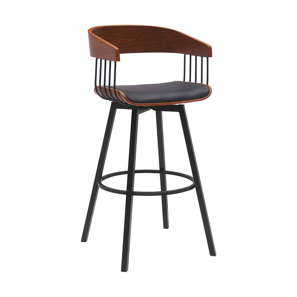 Vera 31 Inch Swivel Barstool Chair, Curved Open Back, Walnut Brown, Black - Saltoro Sherpi