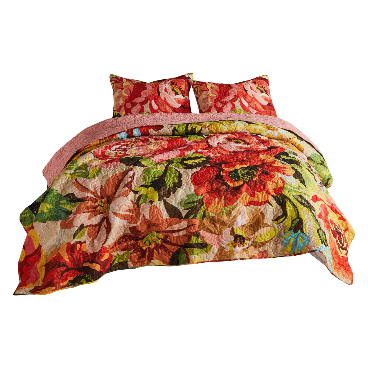 Dahl 3 Piece King Quilt Set, 2 Pillow Shams, Polyester Fill, Multicolor- Saltoro Sherpi