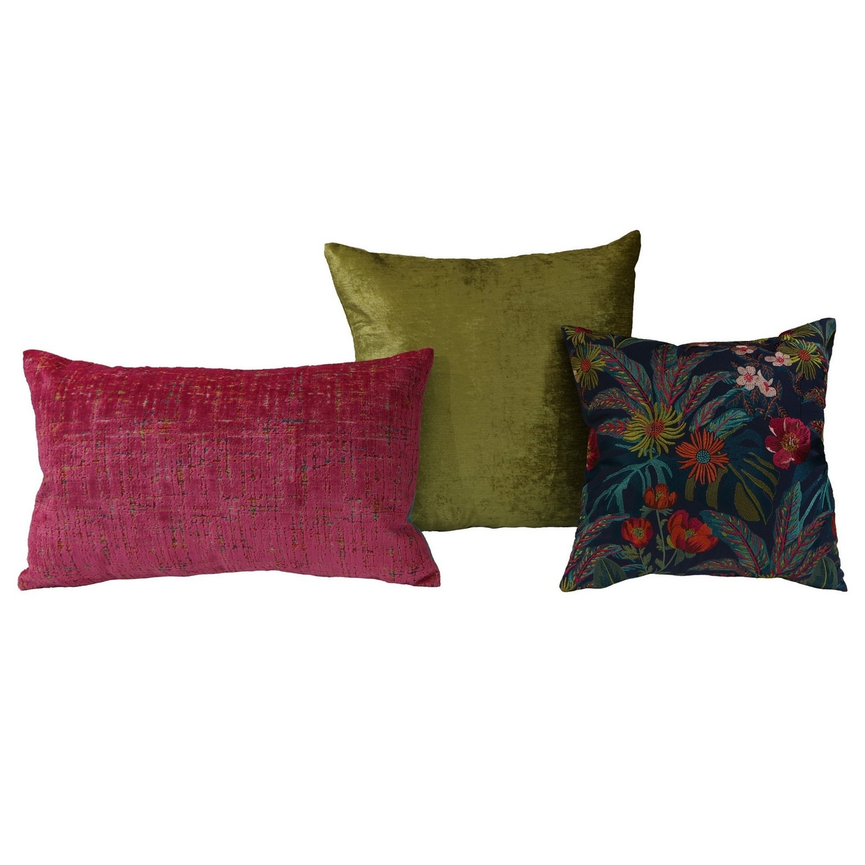Jill 3 Colorful Accent Throw Pillow Set, Chenille, Botanical Embroidery - Saltoro Sherpi