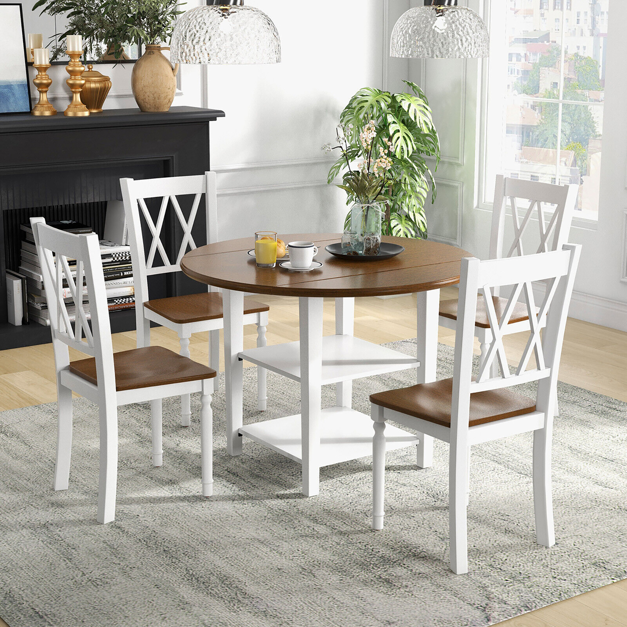 5 Piece Round Dining Kitchen Set W/ Drop Leaf Dining Table Folded & 4 Chairs