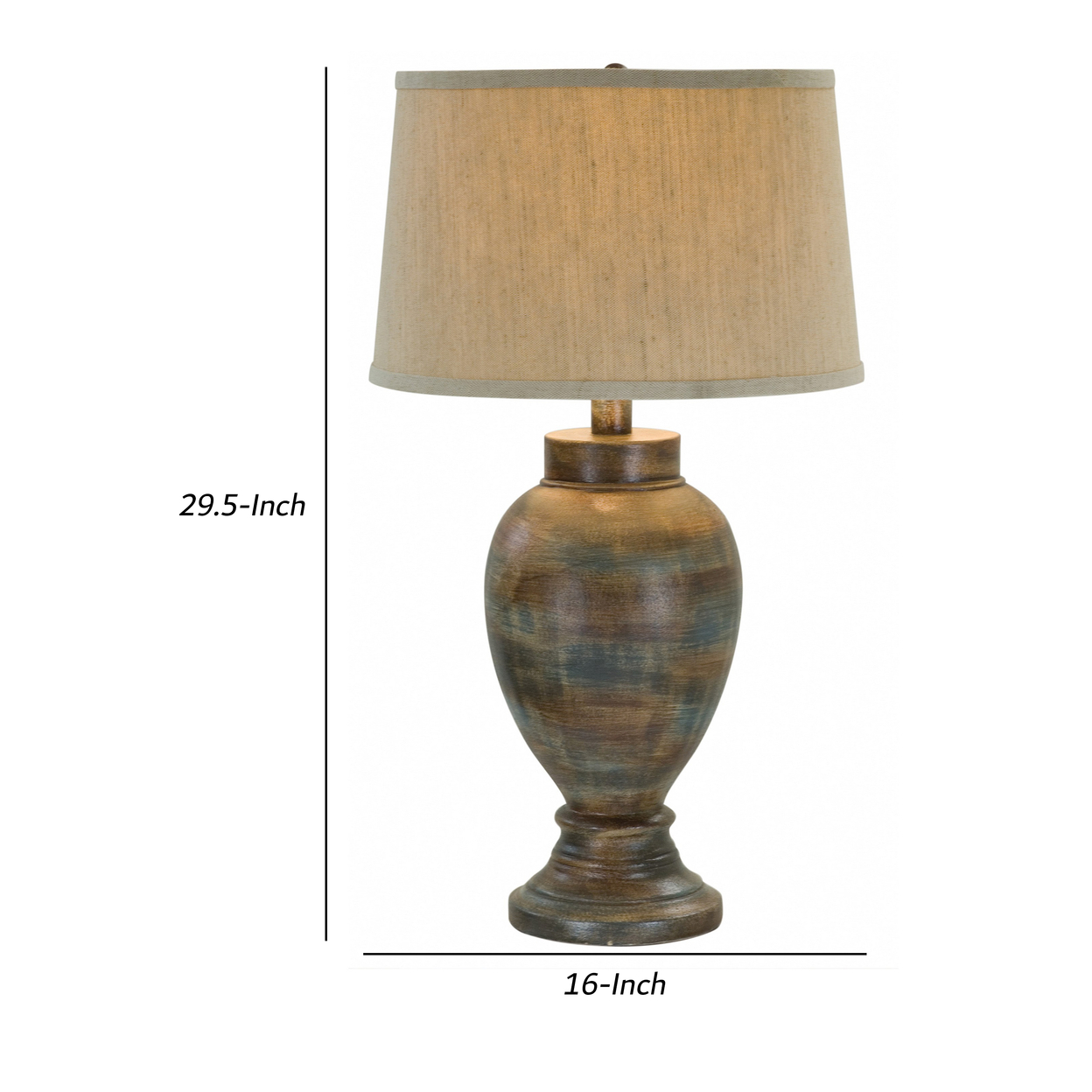 30 Inch Hydrocal Table Lamp, Drum Shade, Classic Urn Base, Brown And Blue- Saltoro Sherpi
