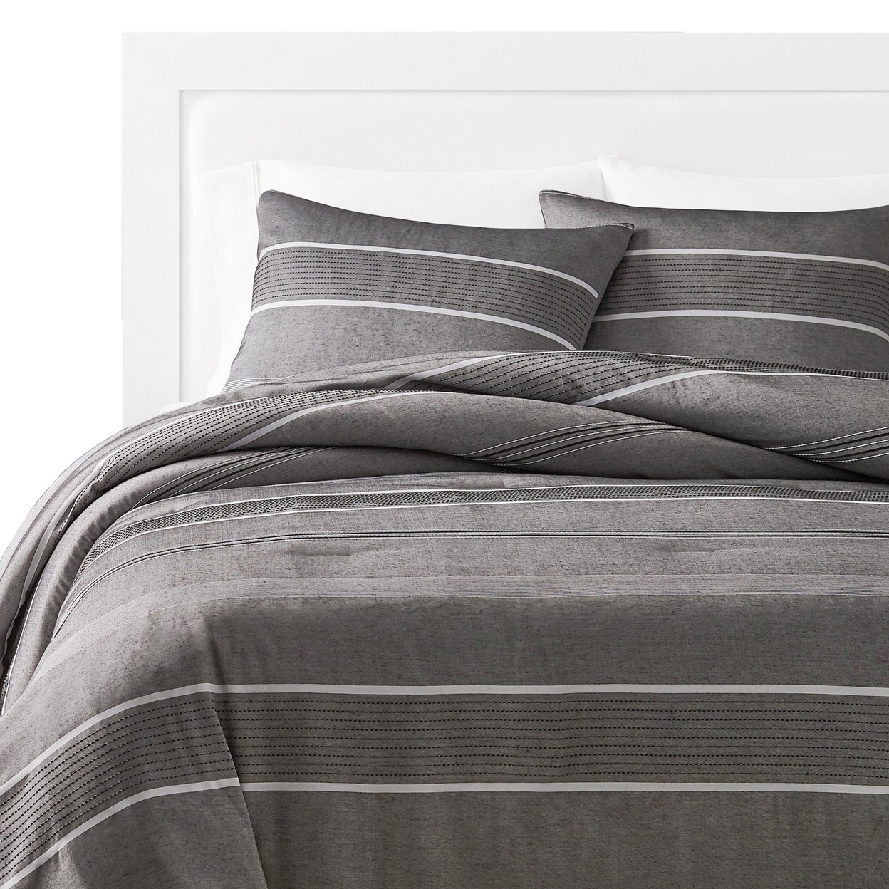 Arlo 3 Piece King Size Comforter Set, Striped Woven Jacquard, Soft Gray - Saltoro Sherpi