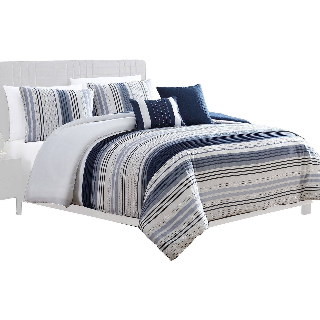 Alfa 5 Piece Queen Comforter Set, Jacquard Woven Stripes, Blue, White - Saltoro Sherpi