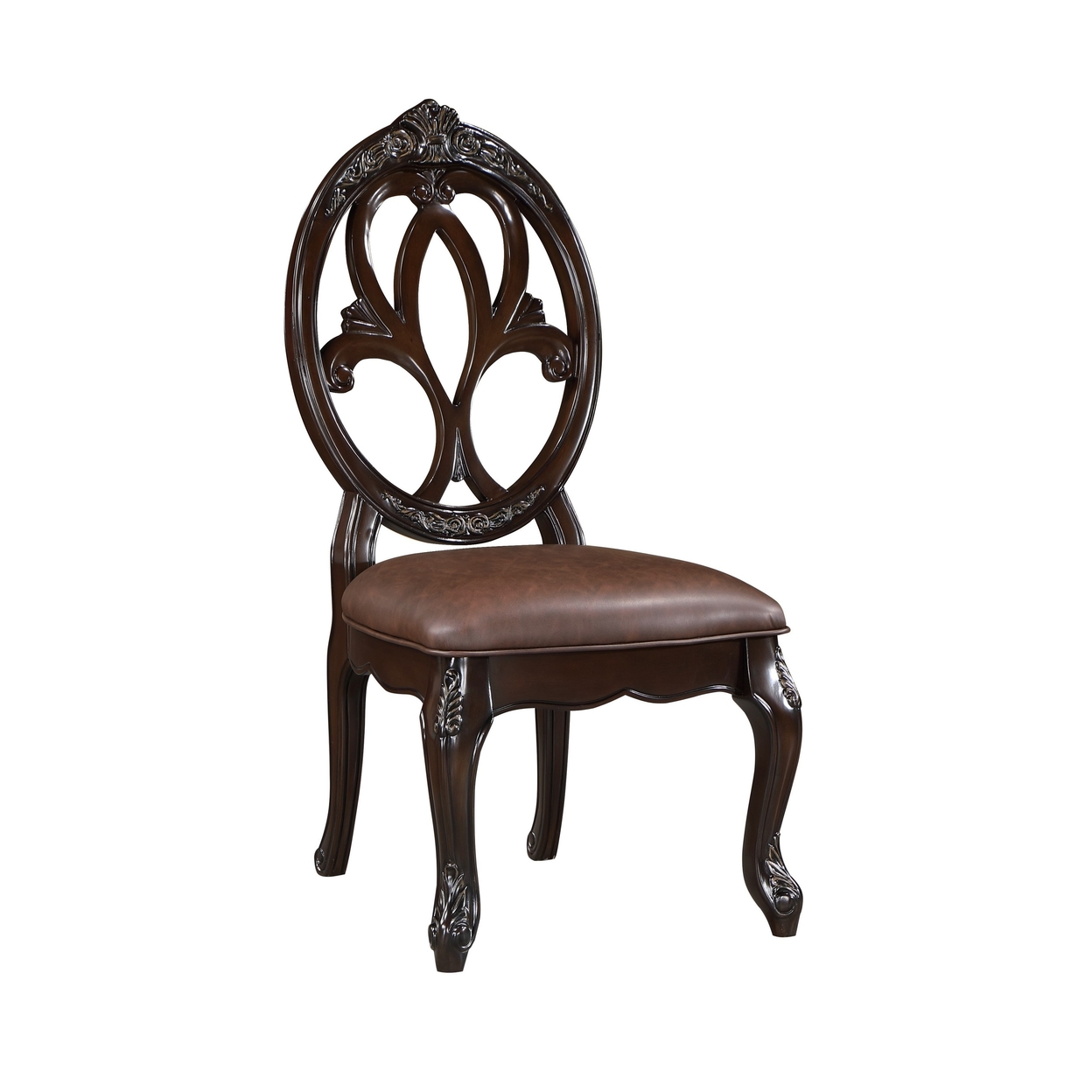 Cran 21 Inch Dining Side Chair, Carved Details, Faux Leather Seat, Brown - Saltoro Sherpi
