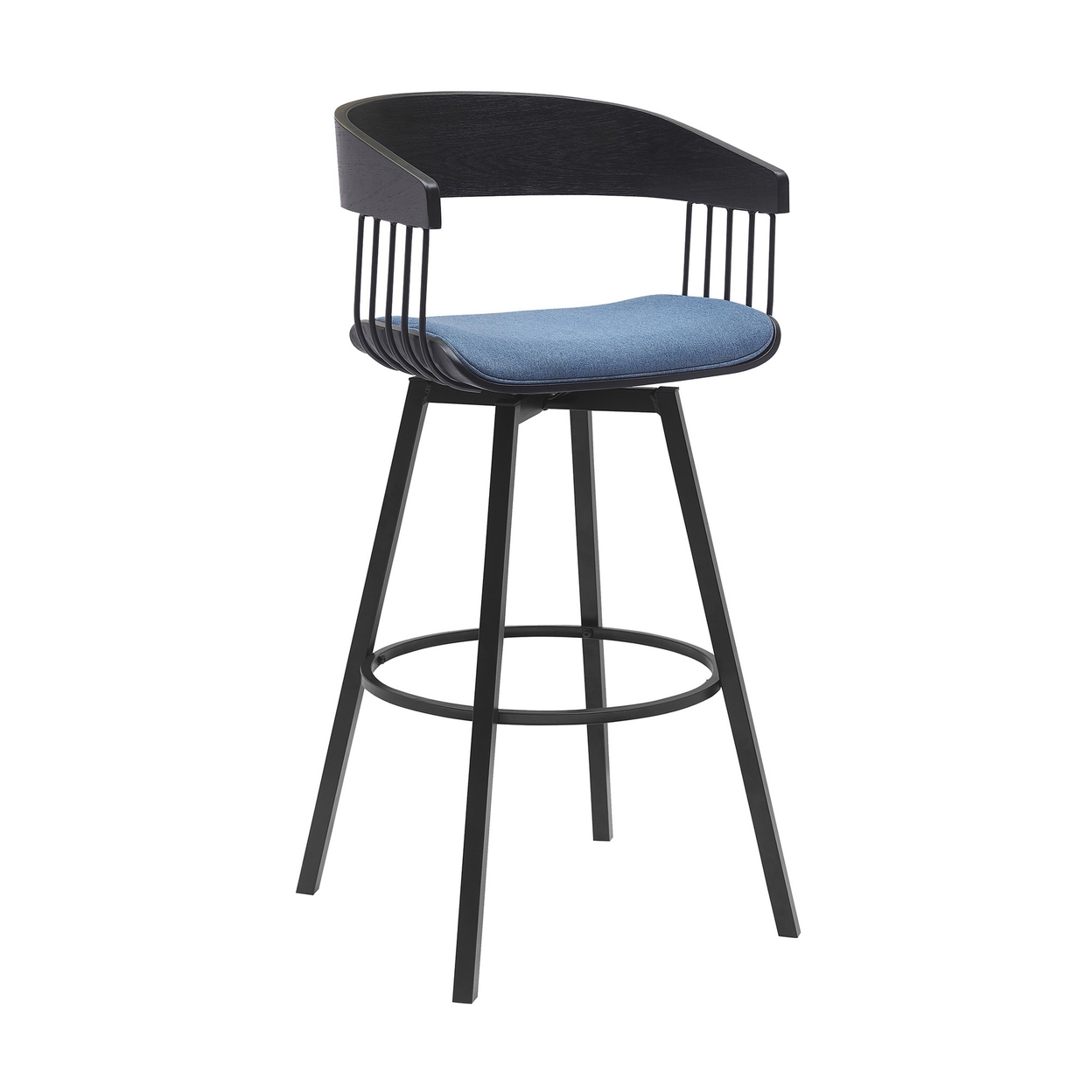 Vera 31 Inch Swivel Barstool Chair, Curved Back, Black, Light Blue Fabric - Saltoro Sherpi