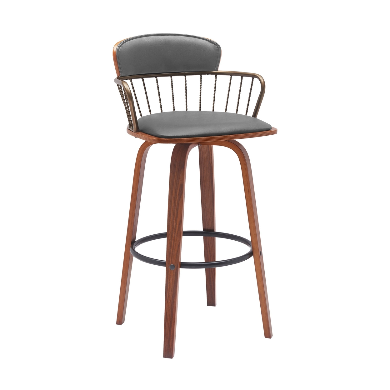 Wiz 30 Inch Barstool Chair, Slatted Back, Gray Faux Leather, Walnut Brown - Saltoro Sherpi