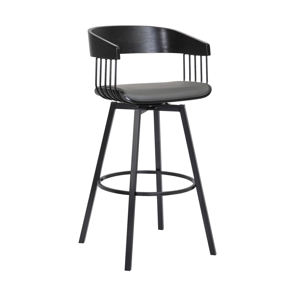 Vera 31 Inch Swivel Barstool Chair, Curved Back, Black, Gray Faux Leather - Saltoro Sherpi