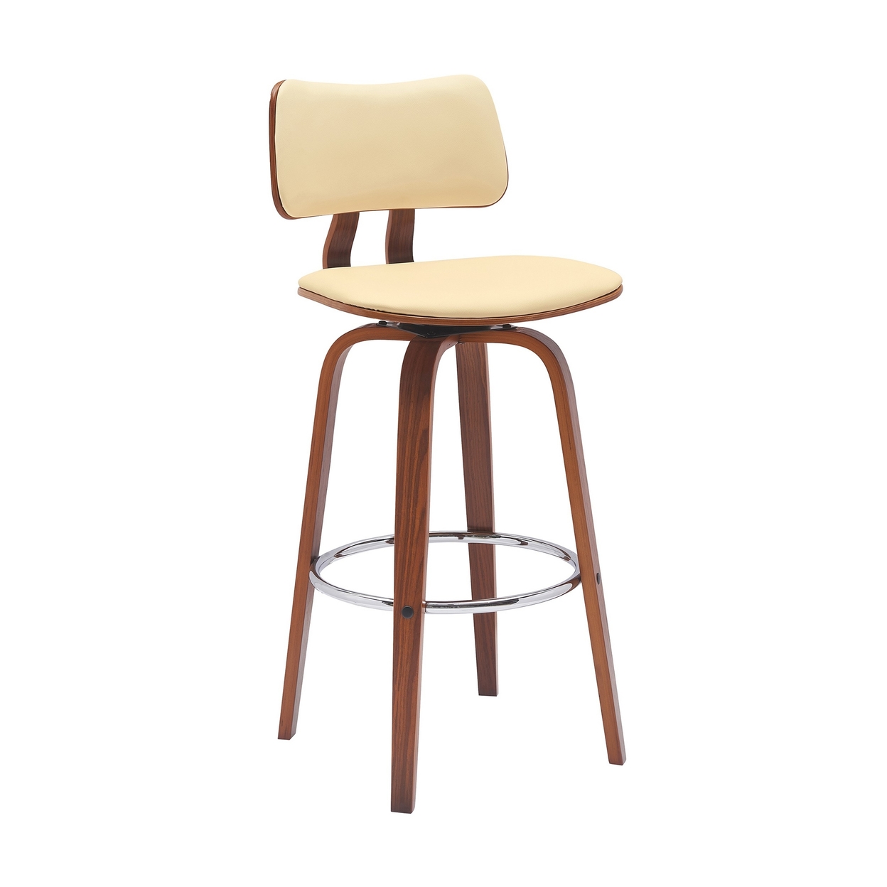 Pino 30 Inch Swivel Barstool Chair, Cream Faux Leather, Walnut Brown Wood - Saltoro Sherpi