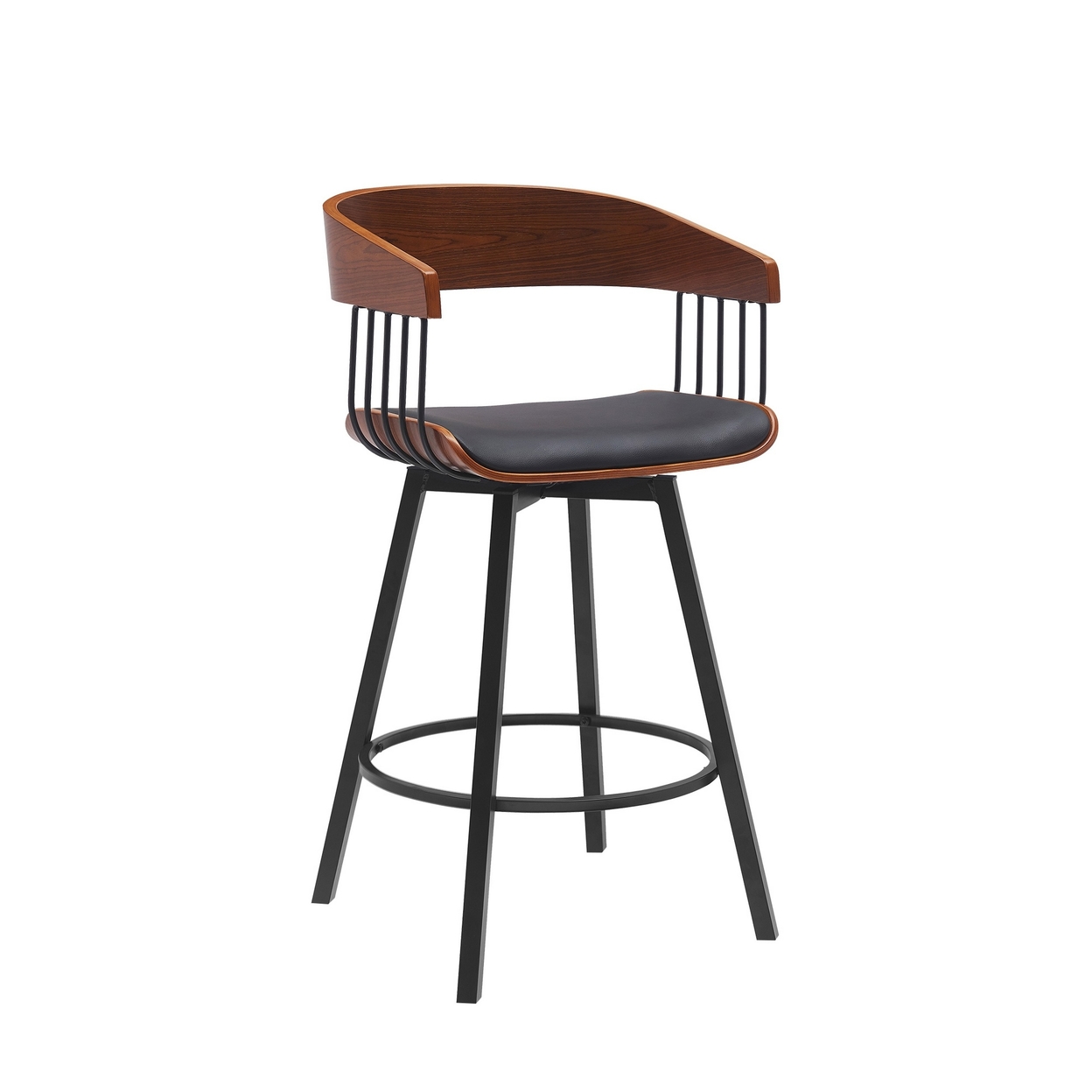 Vera 27 Inch Swivel Counter Stool Chair, Brown Open Back Black Faux Leather - Saltoro Sherpi