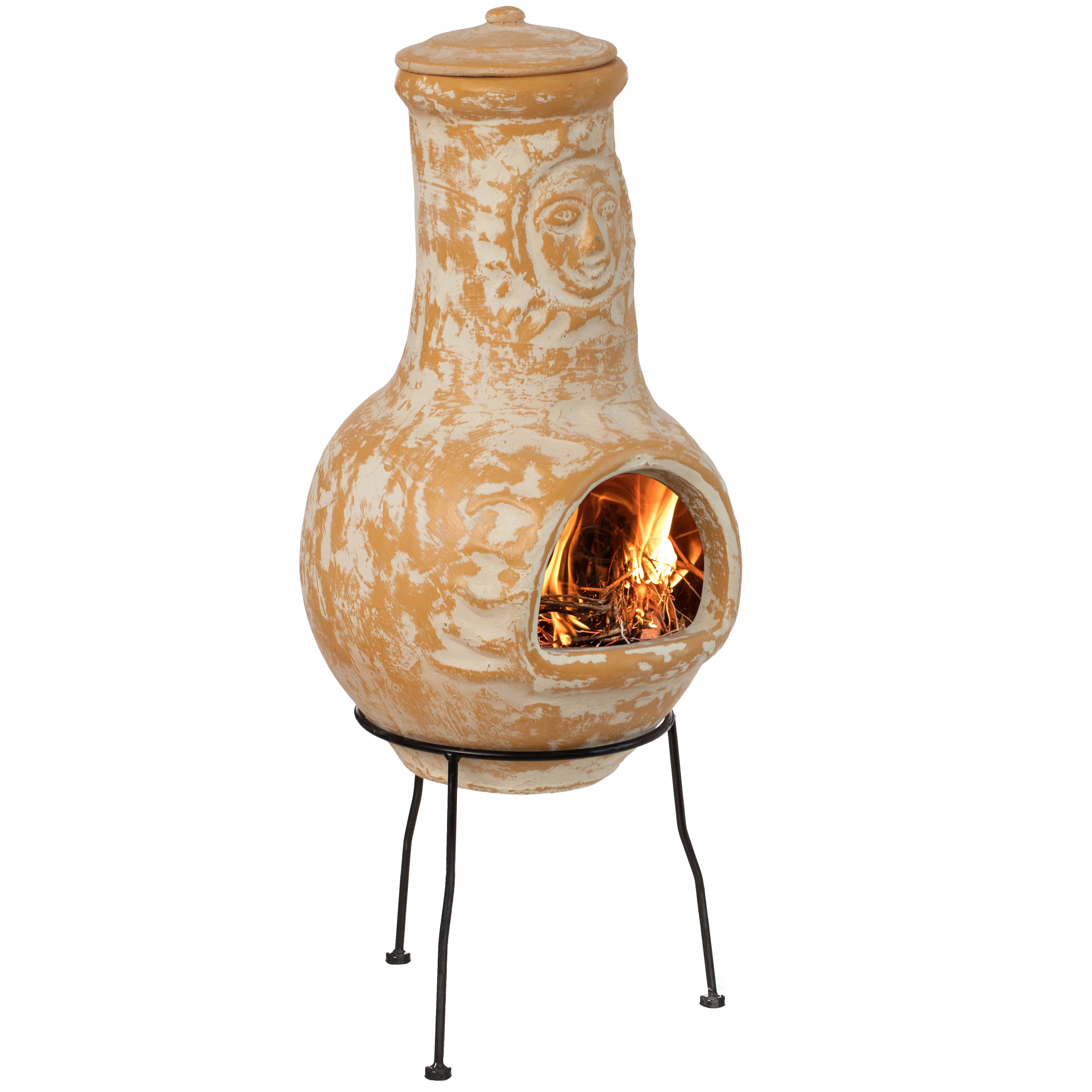 Outdoor Clay Chiminea Fireplace Sun Design Wood Burning Fire Pit With Sturdy Metal Stand, Barbecue, Cocktail Party, Cozy Nights Fire Pit - B