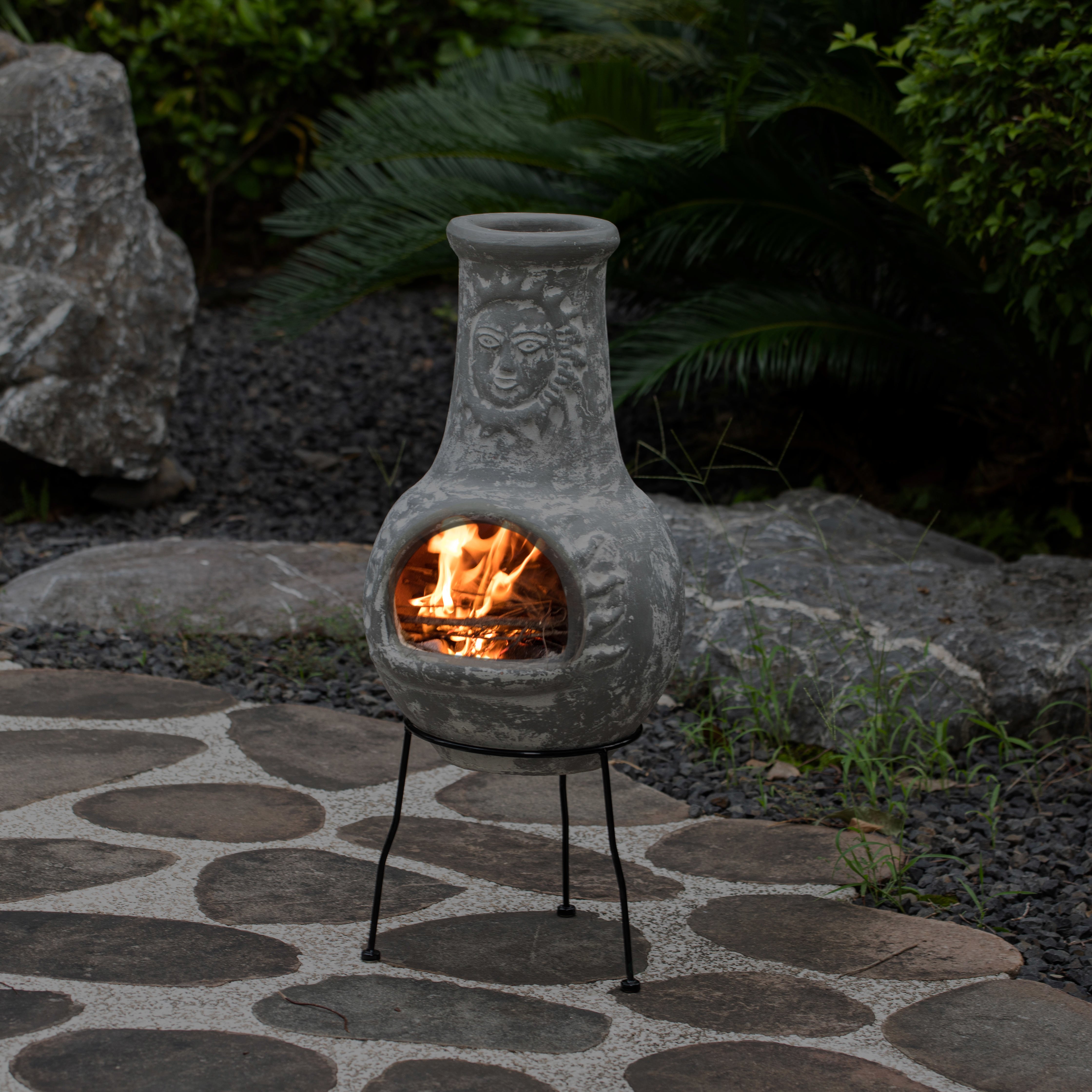 Outdoor Clay Chiminea Fireplace Sun Design Wood Burning Fire Pit With Sturdy Metal Stand, Barbecue, Cocktail Party, Cozy Nights Fire Pit - G