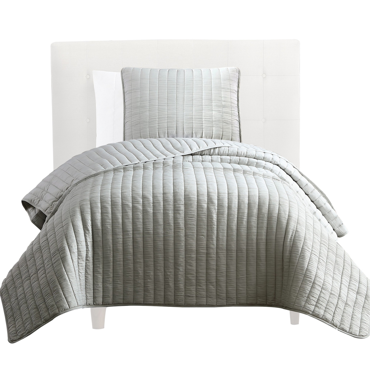Elia Twin Size Contemporary Quilt Coverlet Set, Crinkle Texture, Light Gray - Saltoro Sherpi