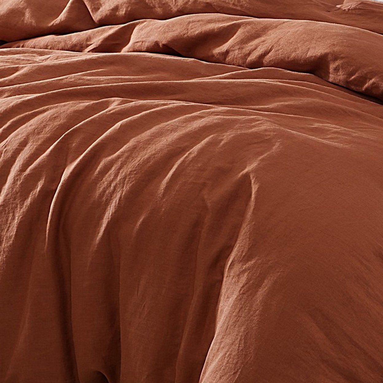 Edge 3 Piece Twin Size Duvet Comforter Set, Washed Linen, Rust Orange - Saltoro Sherpi
