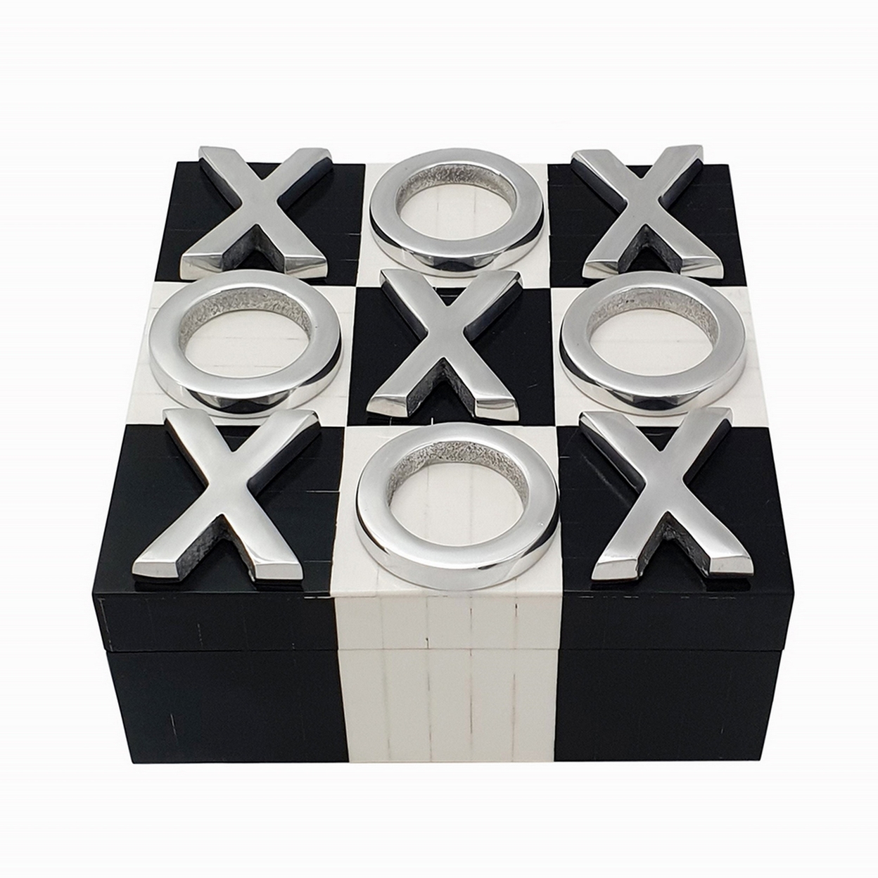 8 Inch Decorative Tic Tac Toe Square Game Box, Silver Pieces, Black, White- Saltoro Sherpi