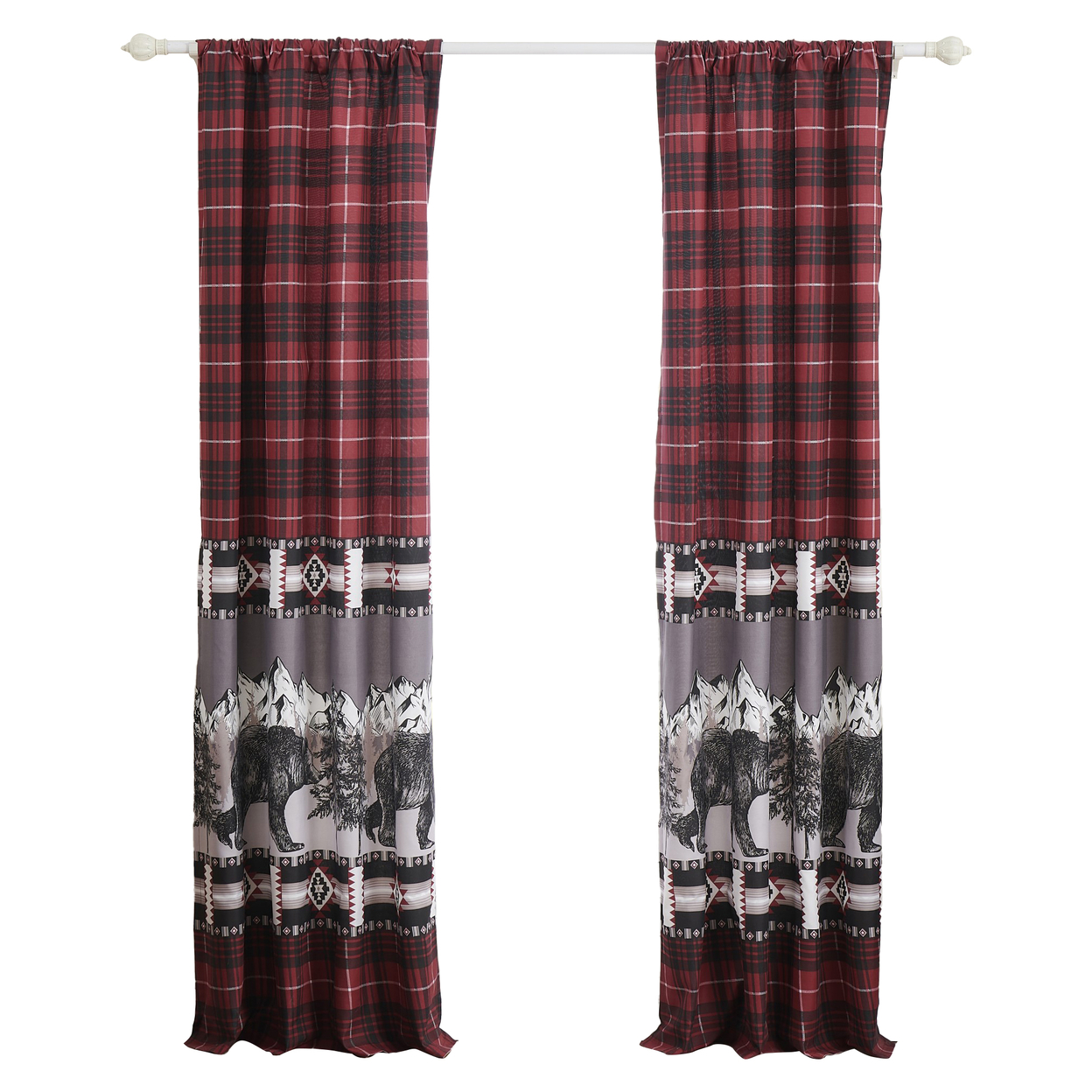 Sofia 84 Inch Bear Panel Curtains, Poly Microfiber, Red And Black Plaid