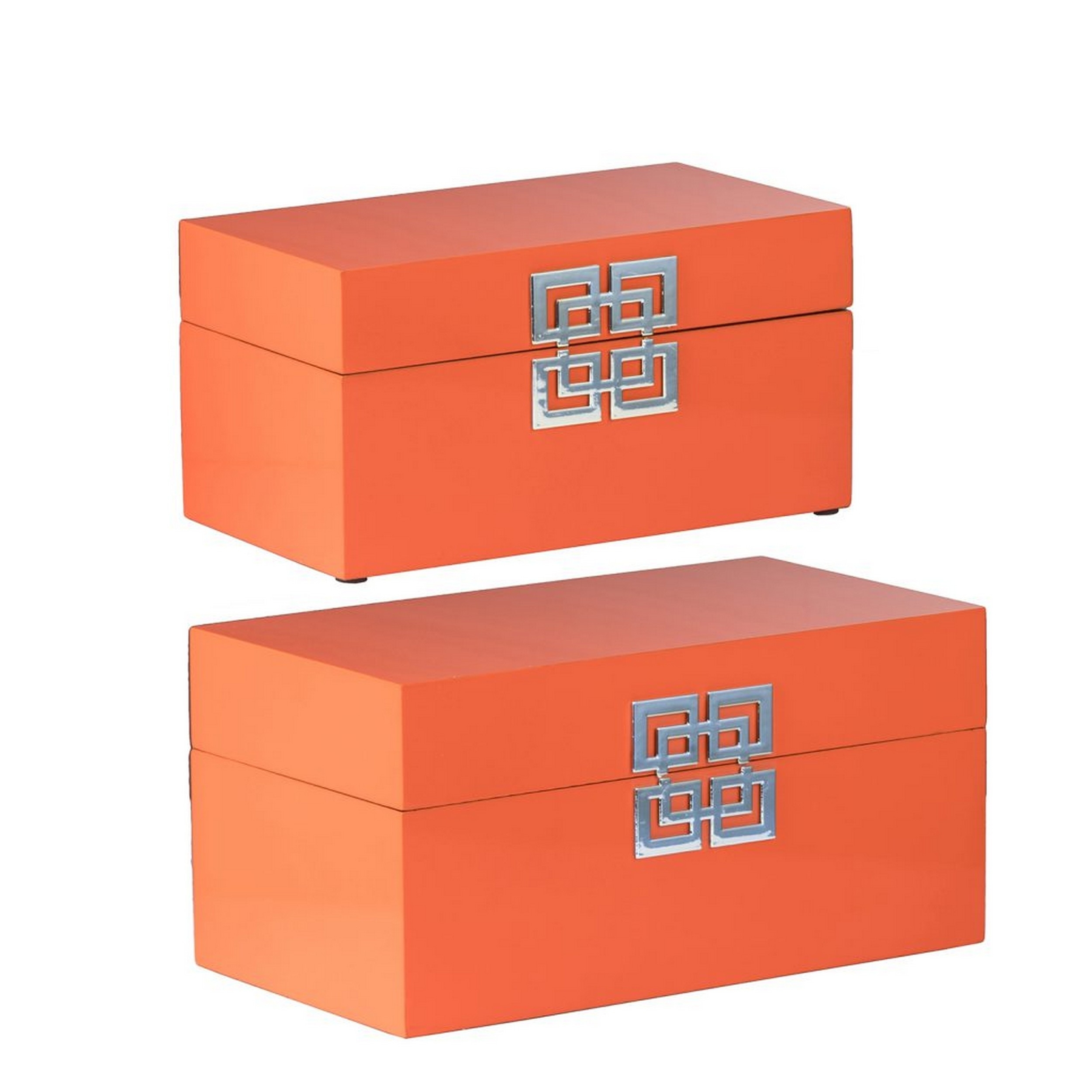Neo 14, 11 Inch Set Of 2 Decorative Boxes, Geometric Metal Accents, Orange- Saltoro Sherpi