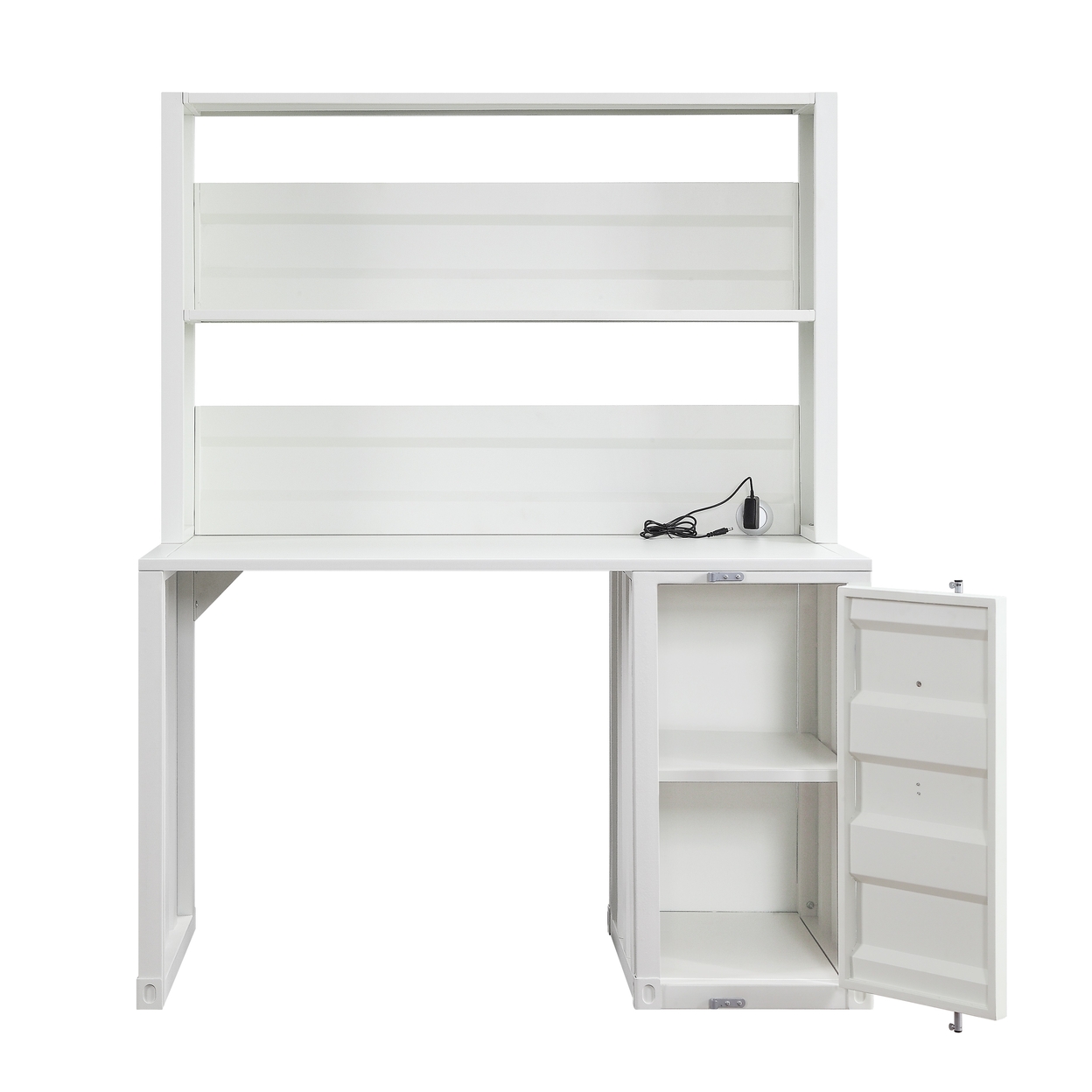 Metal Base Desk And Hutch With Slated Pattern And Storage Compartment, White- Saltoro Sherpi