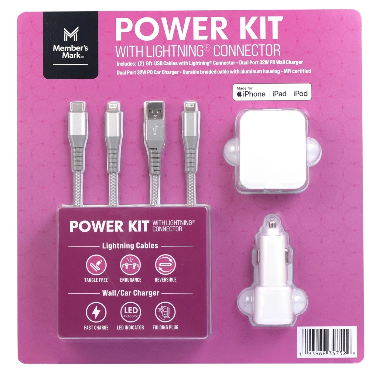 Member's Mark Lightning USB Power Kit: Car & Wall Charger & 2 Lightning Cables