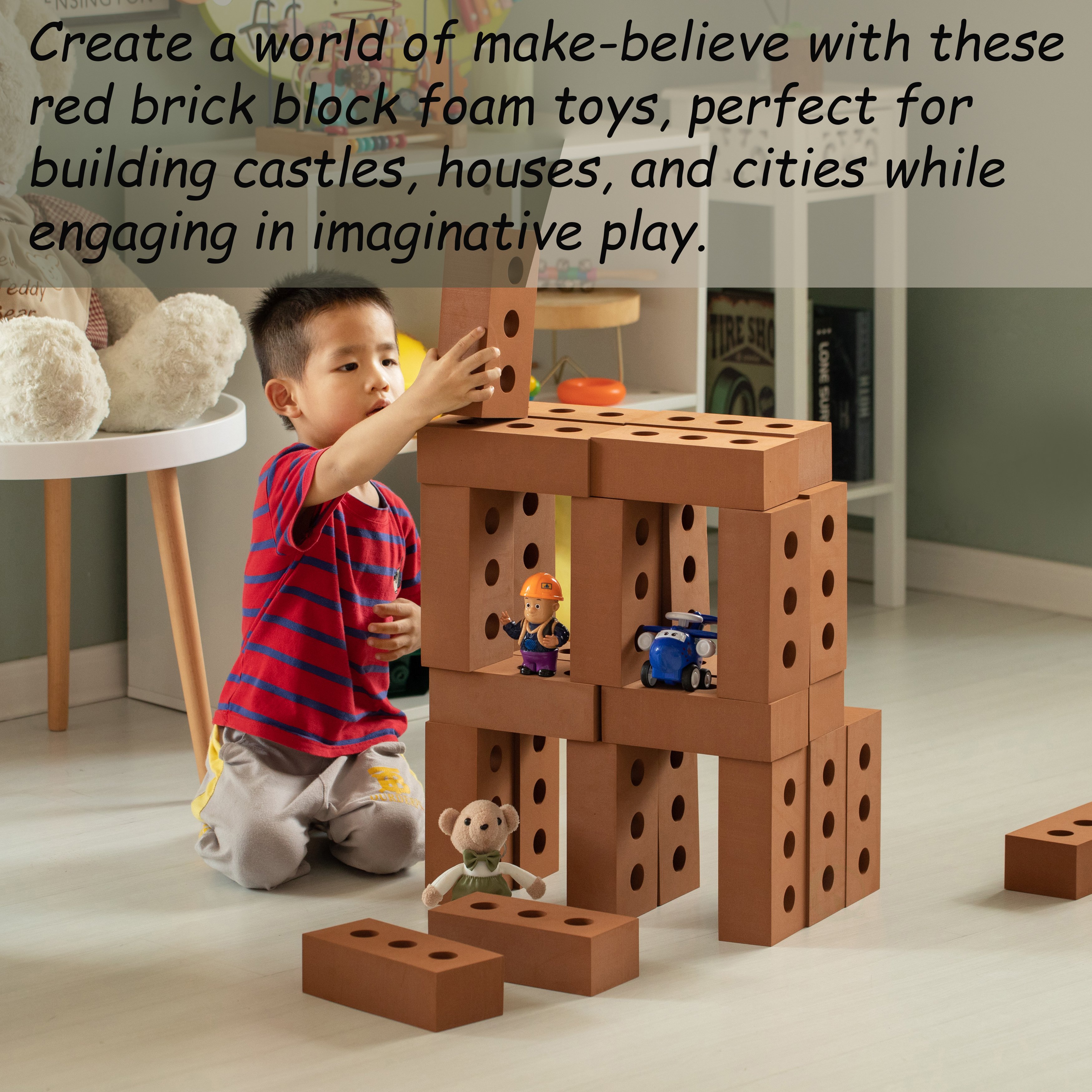 Construction Stacking Building Red Brick Block, Rectangle Foam Kids Pretend Play Creativity Toy, 25 Pack