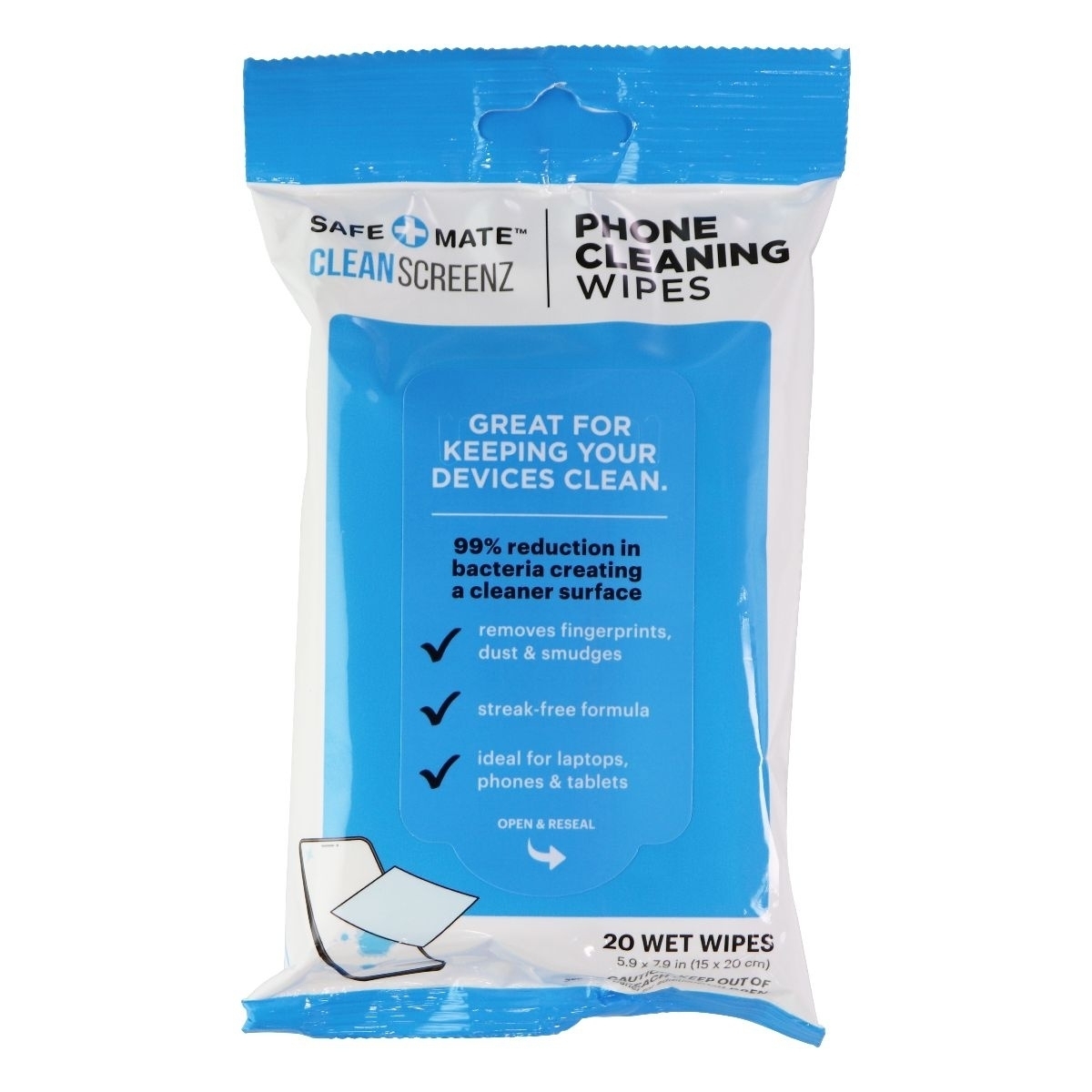 SafeMate Screenz Phone & Tablet Cleaning Wipes (20 Wipe Per Pack, 5.9x7.9in)