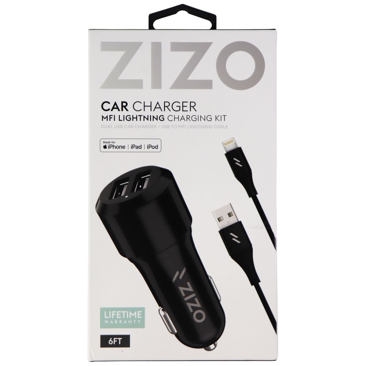 Zizo Dual Port Car Charger With (6-Foot) Lightning 8-Pin MFi Cable - Black