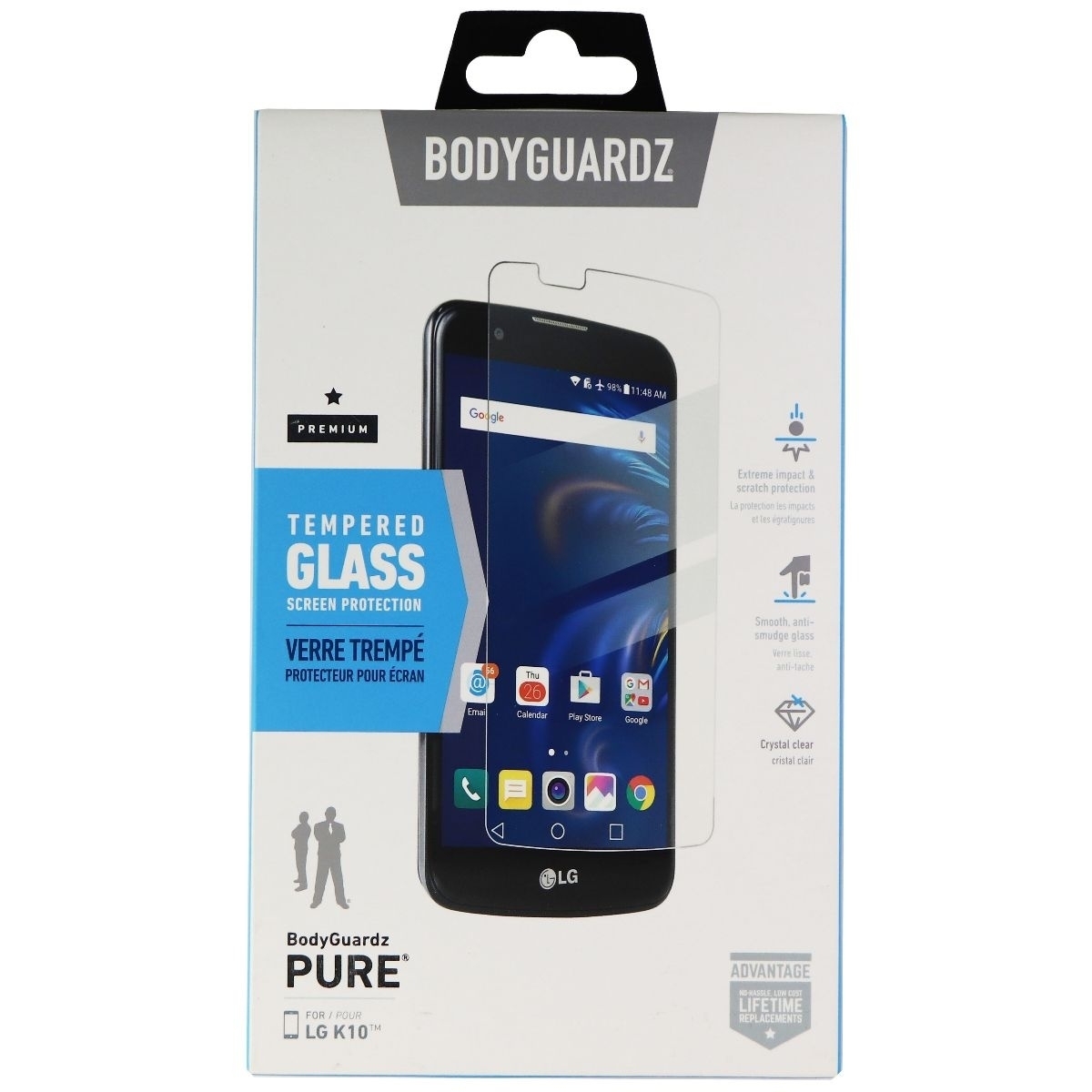 BodyGuardz Pure Series Tempered Glass Screen Protector For LG K10 (2016) - Clear
