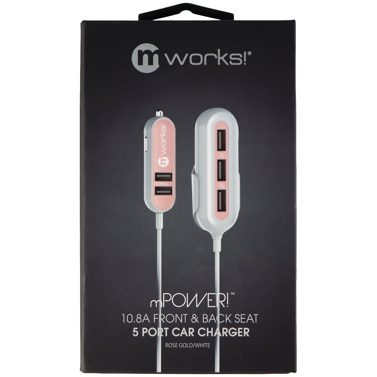 MWorks! MPOWER! 10.8A Front & Back Seat 5 Port Car Charger - Rose Gold/White
