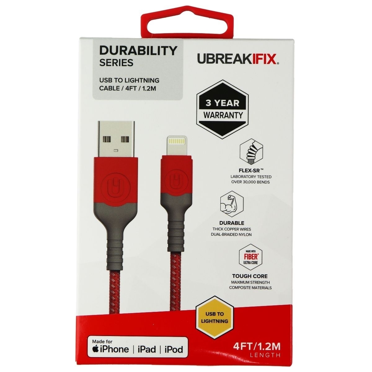 UBREAKIFIX (4-Ft) Durability Series Lightning 8-Pin To USB Cable - Red