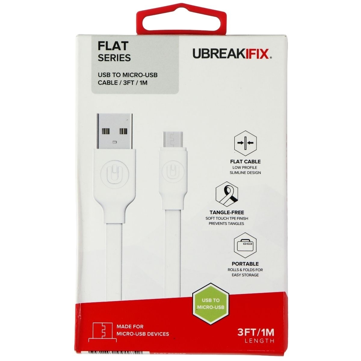 UBREAKIFIX (3-Ft) Flat Series Micro-USB To USB Charge/Sync Cable - White
