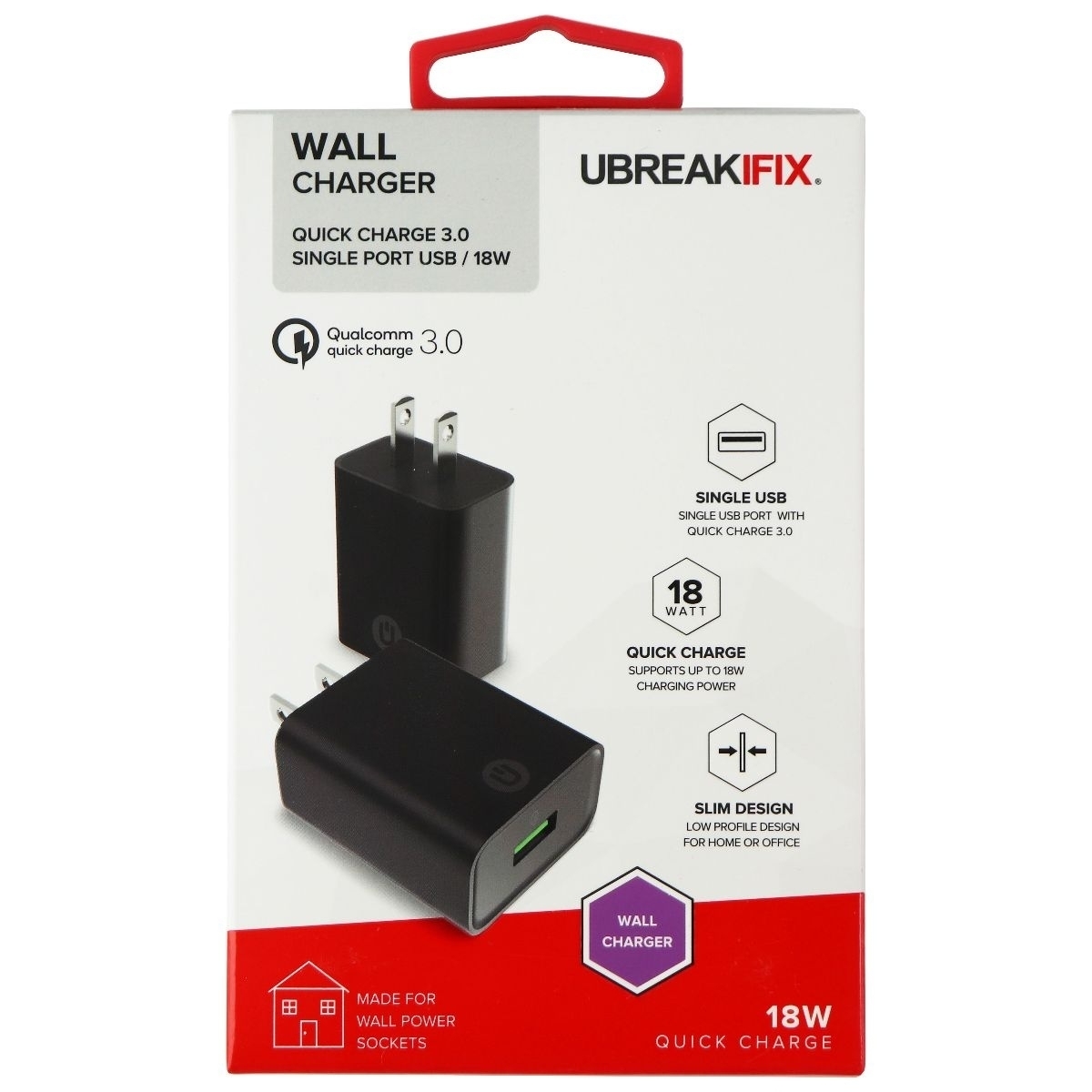 UBREAKIFIX 18W Quick Charge 3.0 Single USB Wall Charger - Black