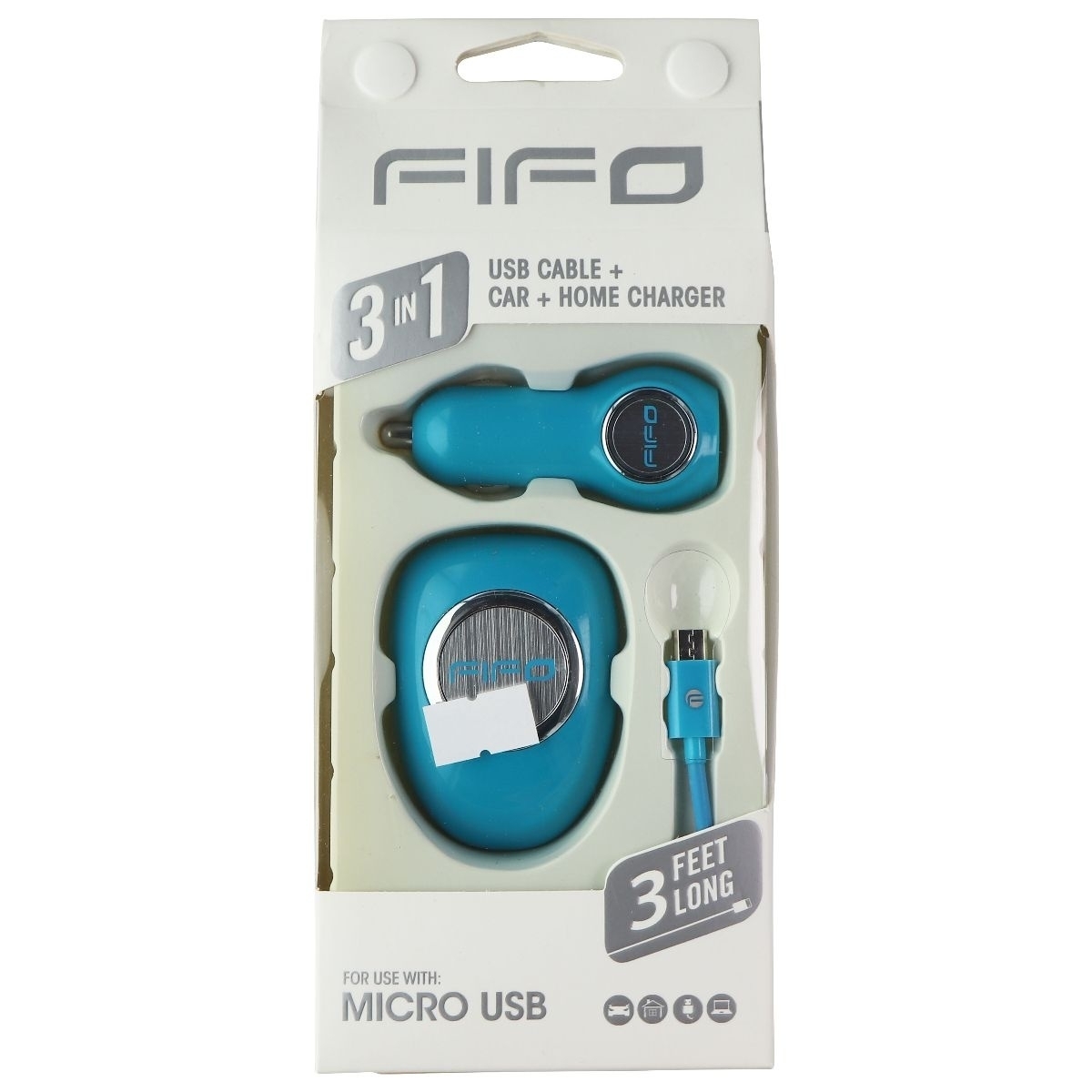 FIFO 3-in-1 Car + Wall USB Charger And 3-Ft Micro-USB Cable Combo - Blue