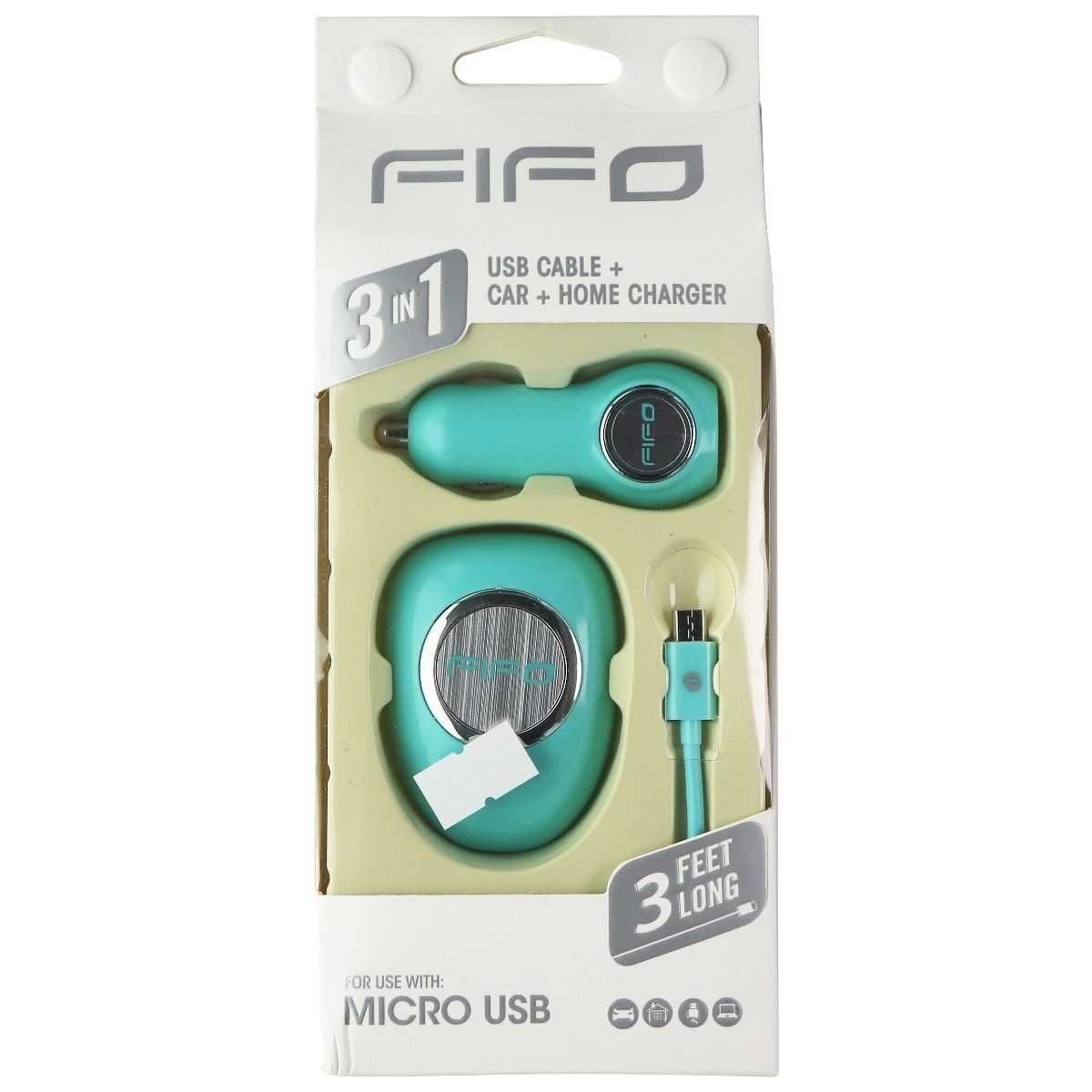 FIFO 3-in-1 Car + Wall USB Charger And 3-Ft Micro-USB Cable Combo - Teal
