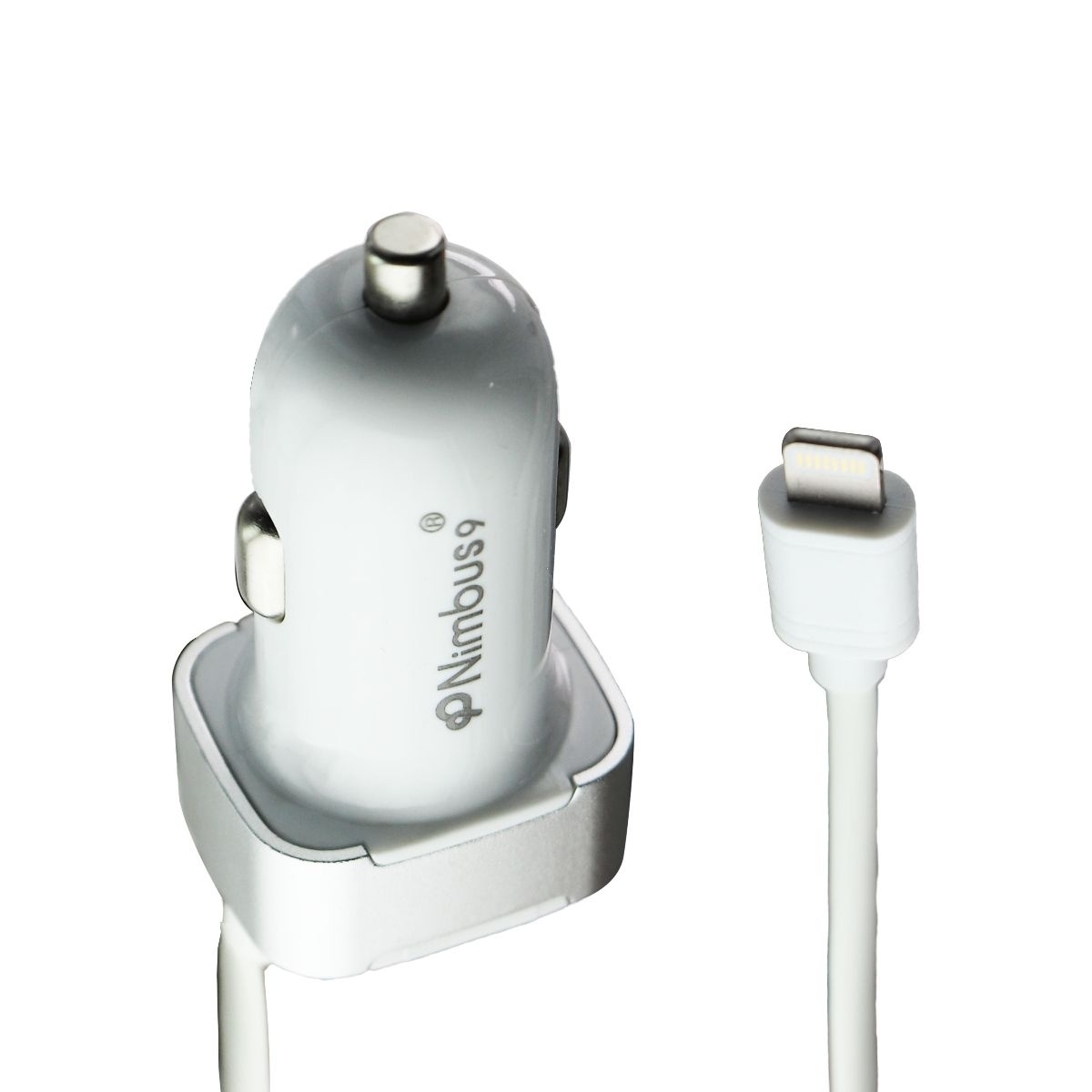 Nimbus9 Car Charger With 8-Pin Connecter Cable (6FT) And USB Port - White/Silver