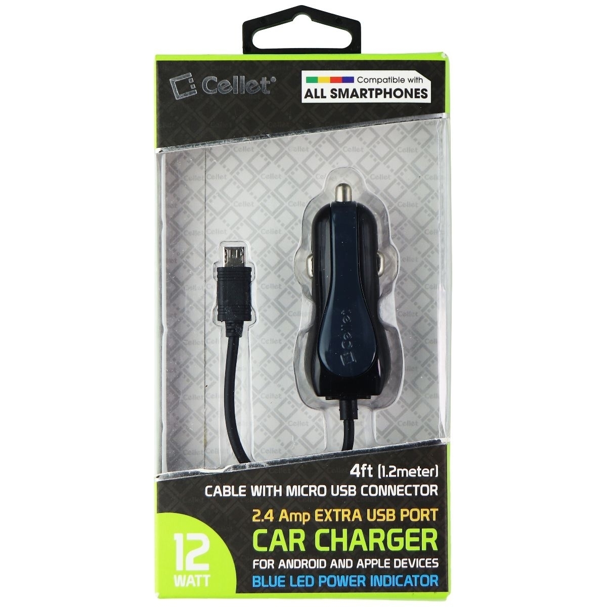 Cellet Car Charger (2.4A) With 4FT Micro USB Cable + Extra USB Port - Black