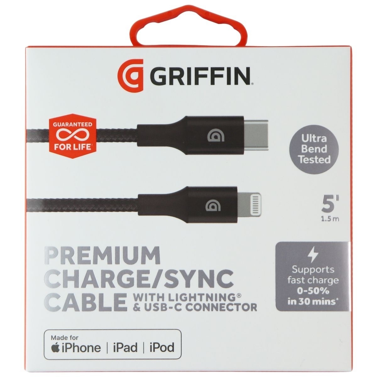 Griffin (5-Ft) Braided USB-C To Lightning 8-Pin MFI Cable For IPhone - Black