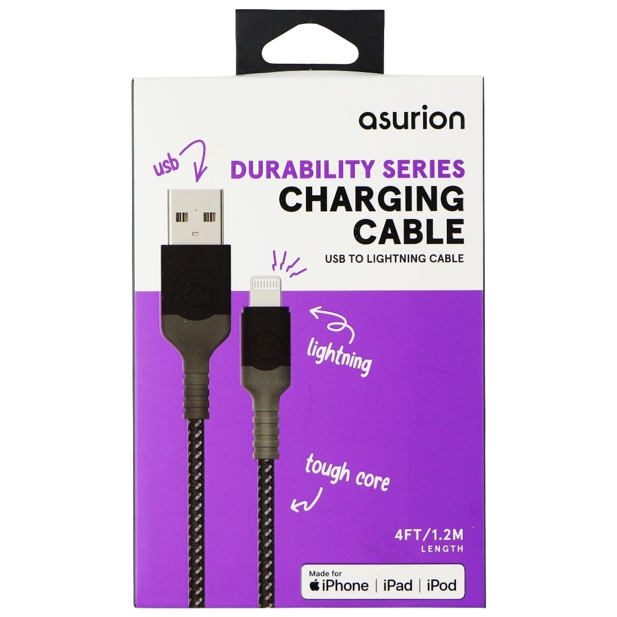 Asurion Durability (4-FT) Lightning 8-Pin To USB Braided MFi Cable - Black