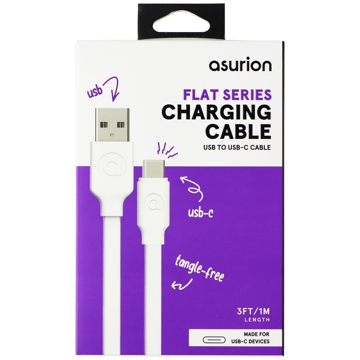 Asurion (3-Foot) Flat Series USB-C To USB Charging Cable - White (383190)