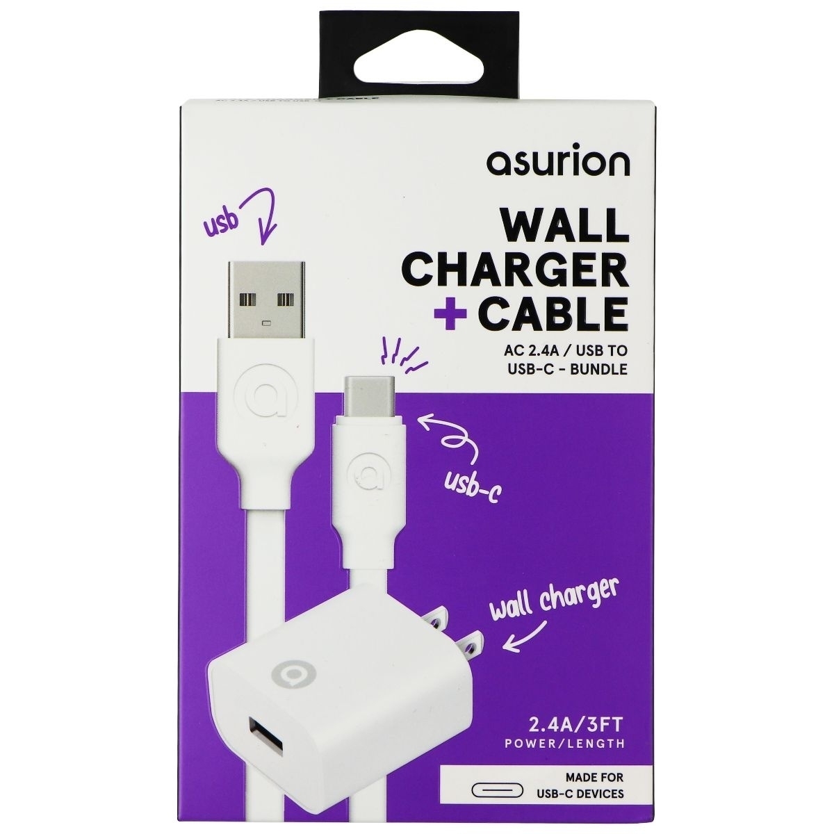 Asurion (2.4A) USB-A Wall Adapter With (3-Foot) USB-C Cable - White